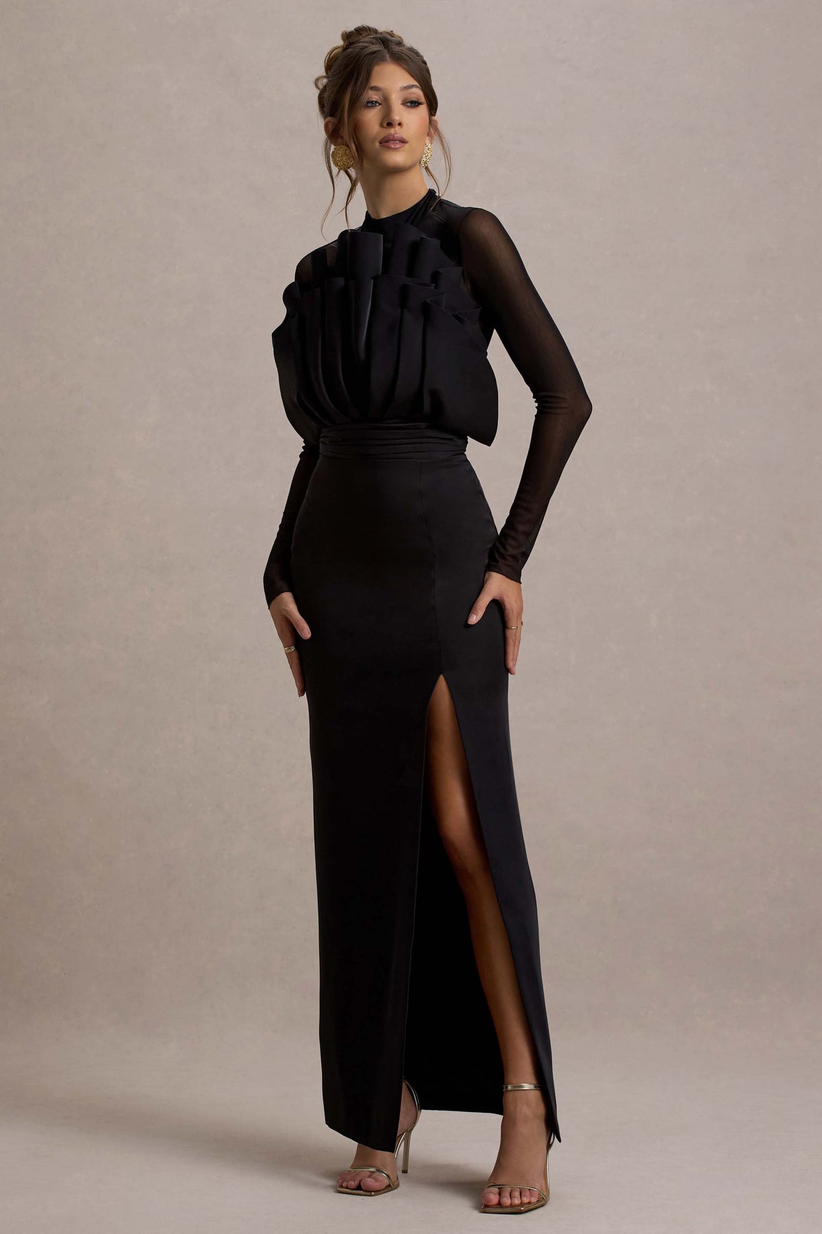Alder Black Mesh Long-Sleeve Ruffled Split Maxi Dress Club L London - USA Alder Black Mesh Long-Sleeve Ruffled Split Maxi Dress Club L London - USA