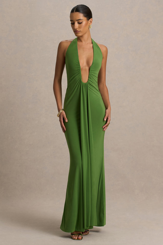 Hera Green Extreme Plunge Maxi Dress With Ruched Detail  Club L London -  USA