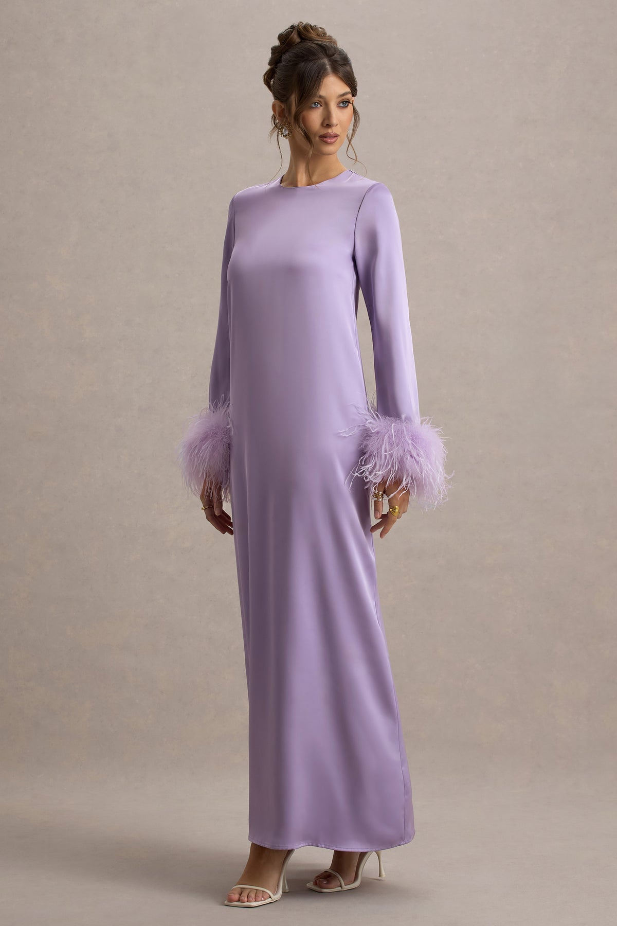 Adella | Lilac Satin Feather-Trim Maxi Dress