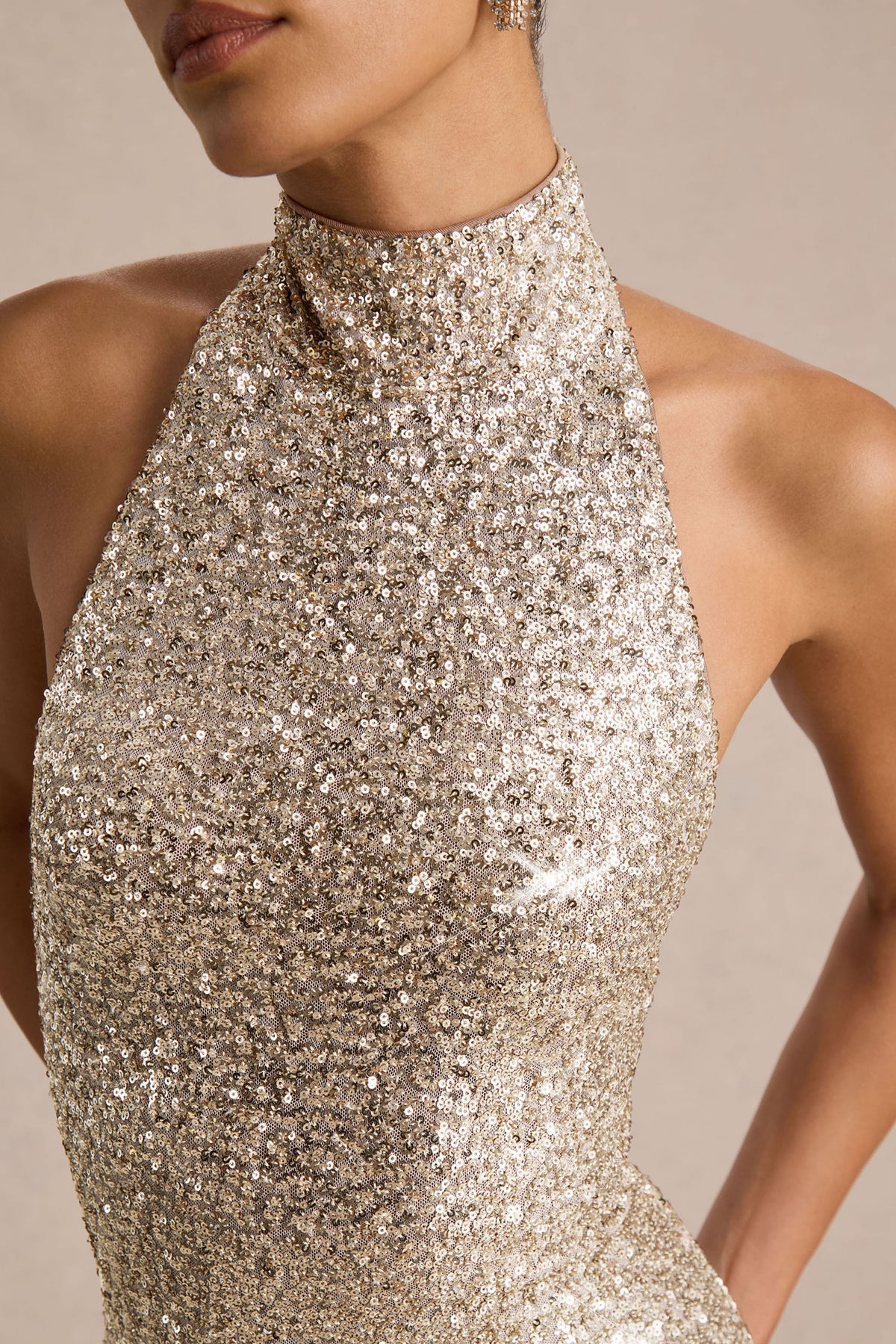 Tulia | Gold Sequin High-Neck Maxi Dress - UK 14 champagne Tulia | Gold Sequin High-Neck Maxi Dress - UK 14 champagne
