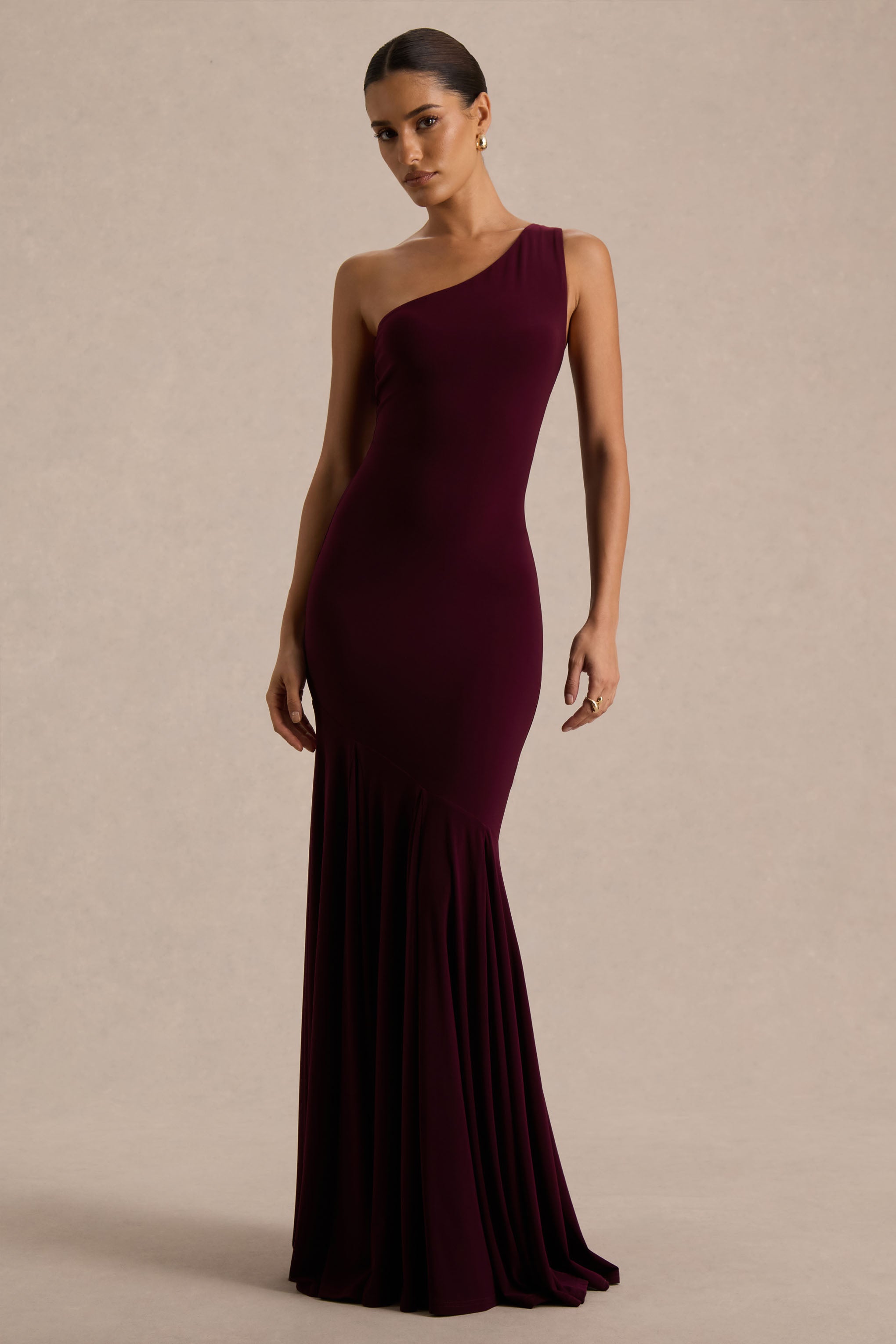 Zya | Dark Plum Asymmetric-Neck Fishtail Maxi Dress – Club L