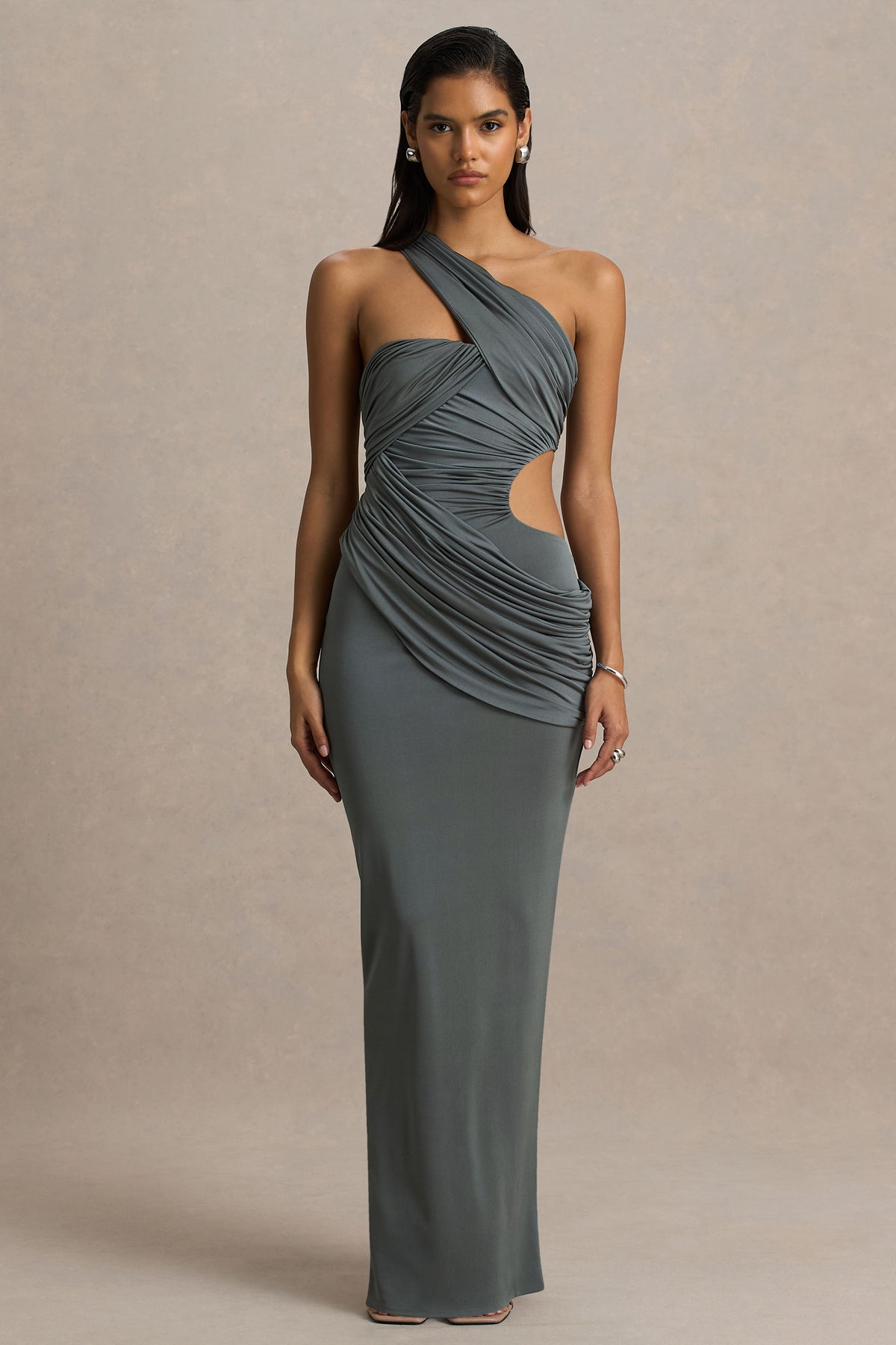 Serefine | Grey Asymmetric-Neck Maxi Dress With Body Cut-Out - UK 6 STORMY WEATHER Serefine | Grey Asymmetric-Neck Maxi Dress With Body Cut-Out - UK 6 STORMY WEATHER