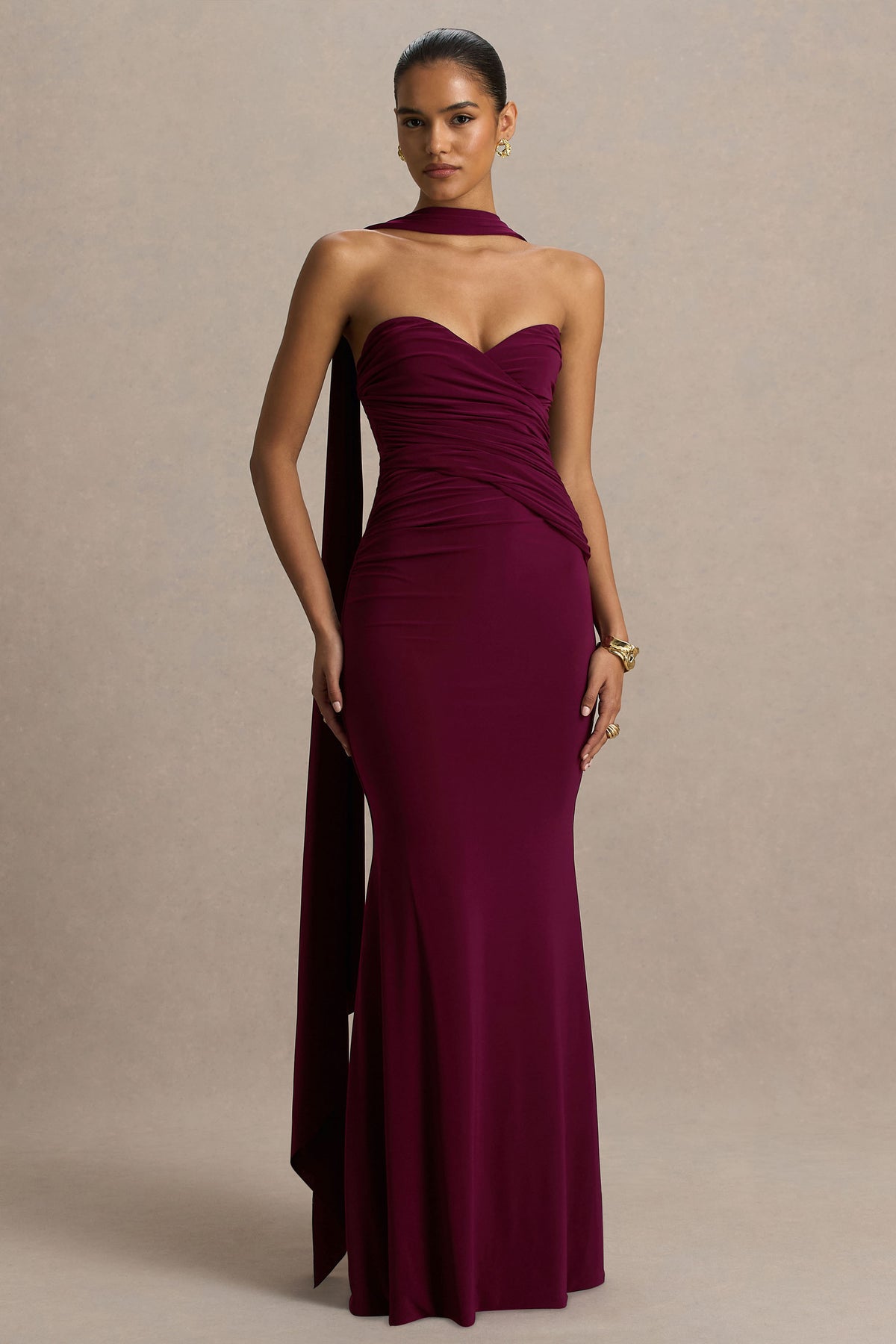 Leila Burgundy Sweetheart Maxi Dress With Scarf Club L London - USA Leila Burgundy Sweetheart Maxi Dress With Scarf Club L London - USA