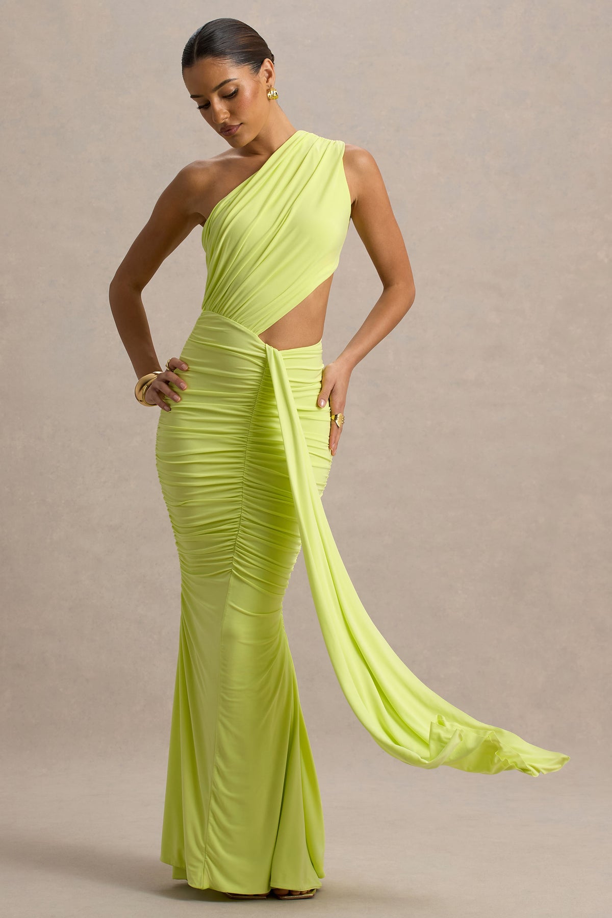 Beline Lime Green One-Shoulder Cut-Out Maxi Dress With Drape Club L London - USA Beline Lime Green One-Shoulder Cut-Out Maxi Dress With Drape Club L London - USA