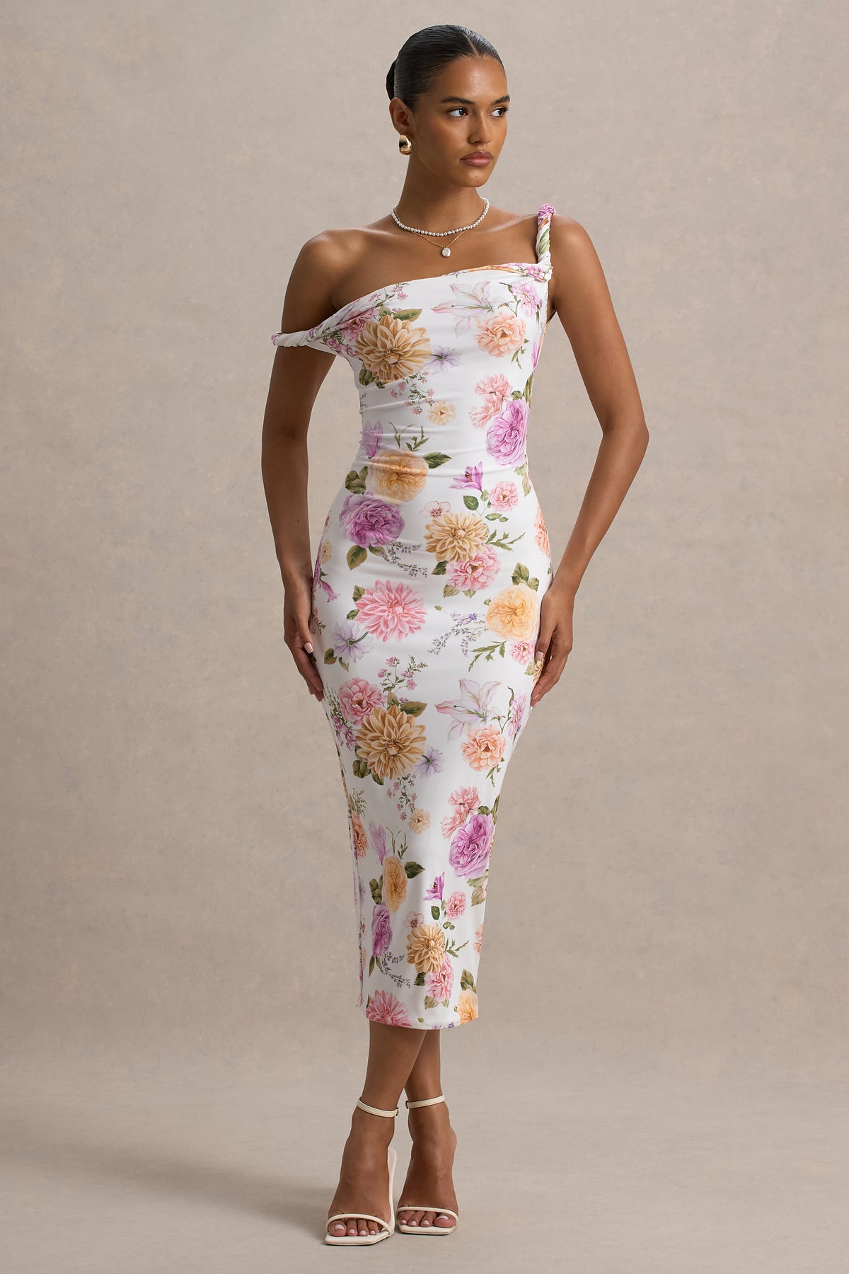 Nora Peach And Lilac Floral Twisted Asymmetric Midi Dress Club L London - USA Nora Peach And Lilac Floral Twisted Asymmetric Midi Dress Club L London - USA