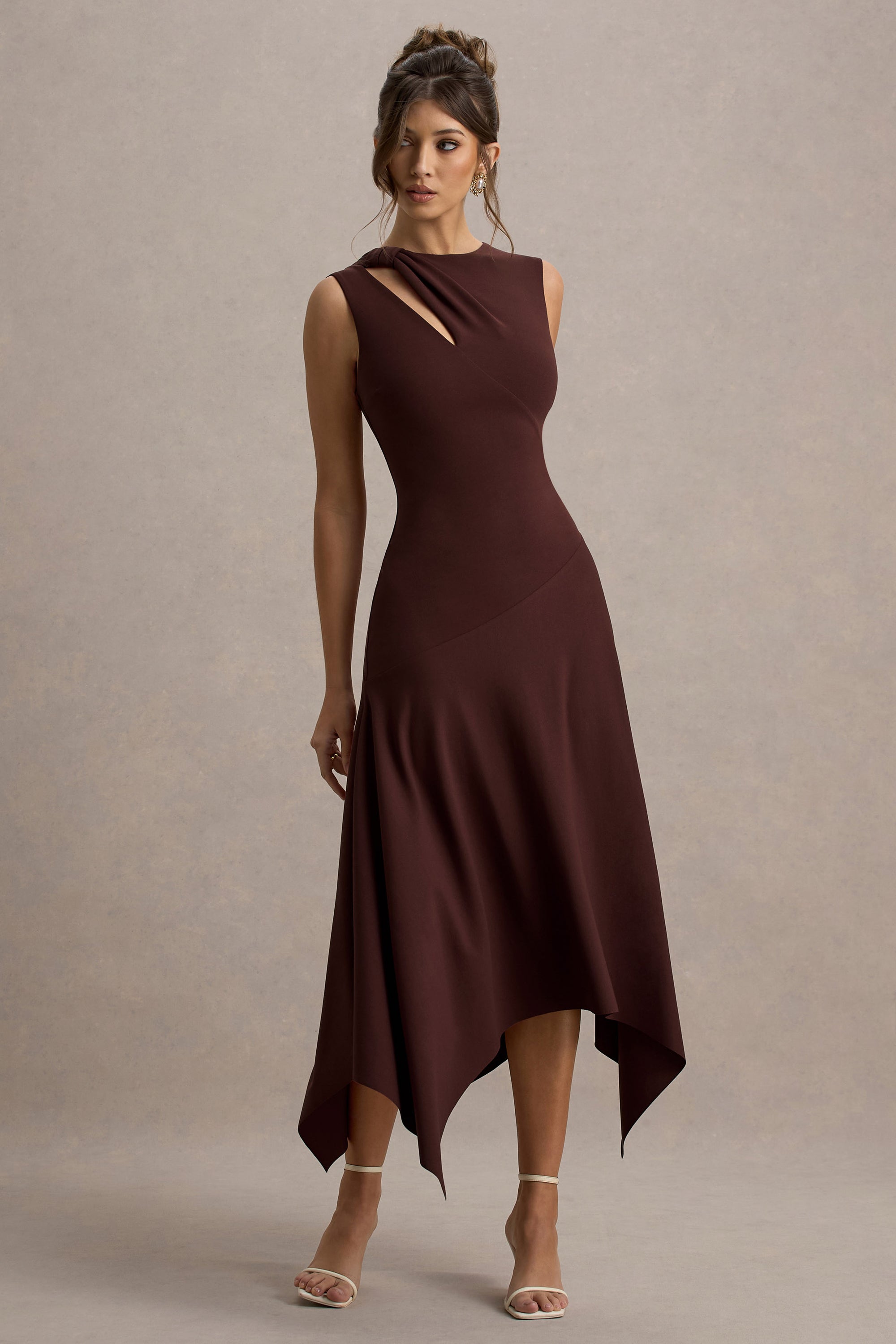chocolate brown lace handkerchief dress Scarf Detail Twist Bust Contrast Lace Maxi Dress In Chocolate Brown | EGO US