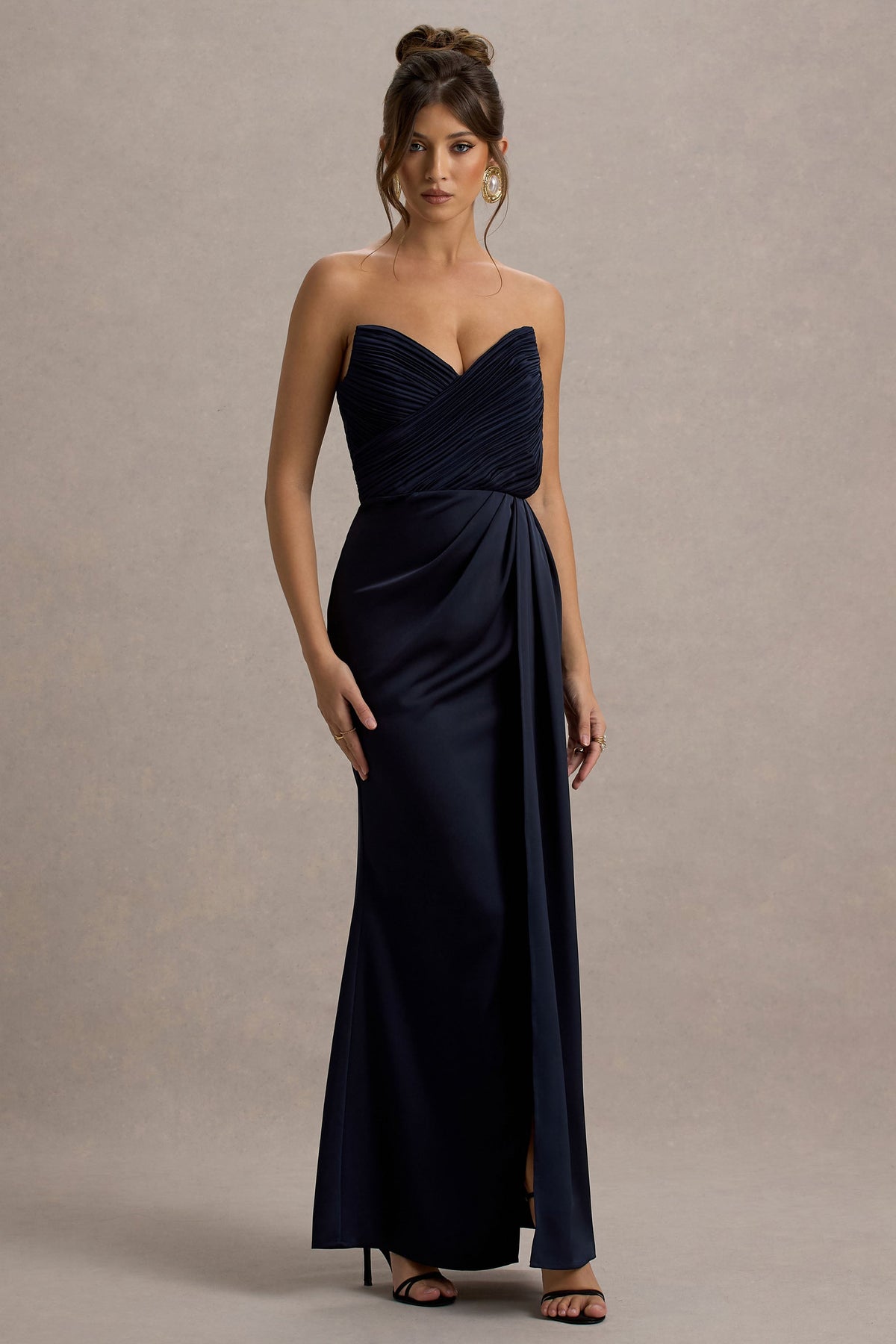 Edel Navy Satin Strapless Maxi Dress With Drape Club L London - USA Edel Navy Satin Strapless Maxi Dress With Drape Club L London - USA