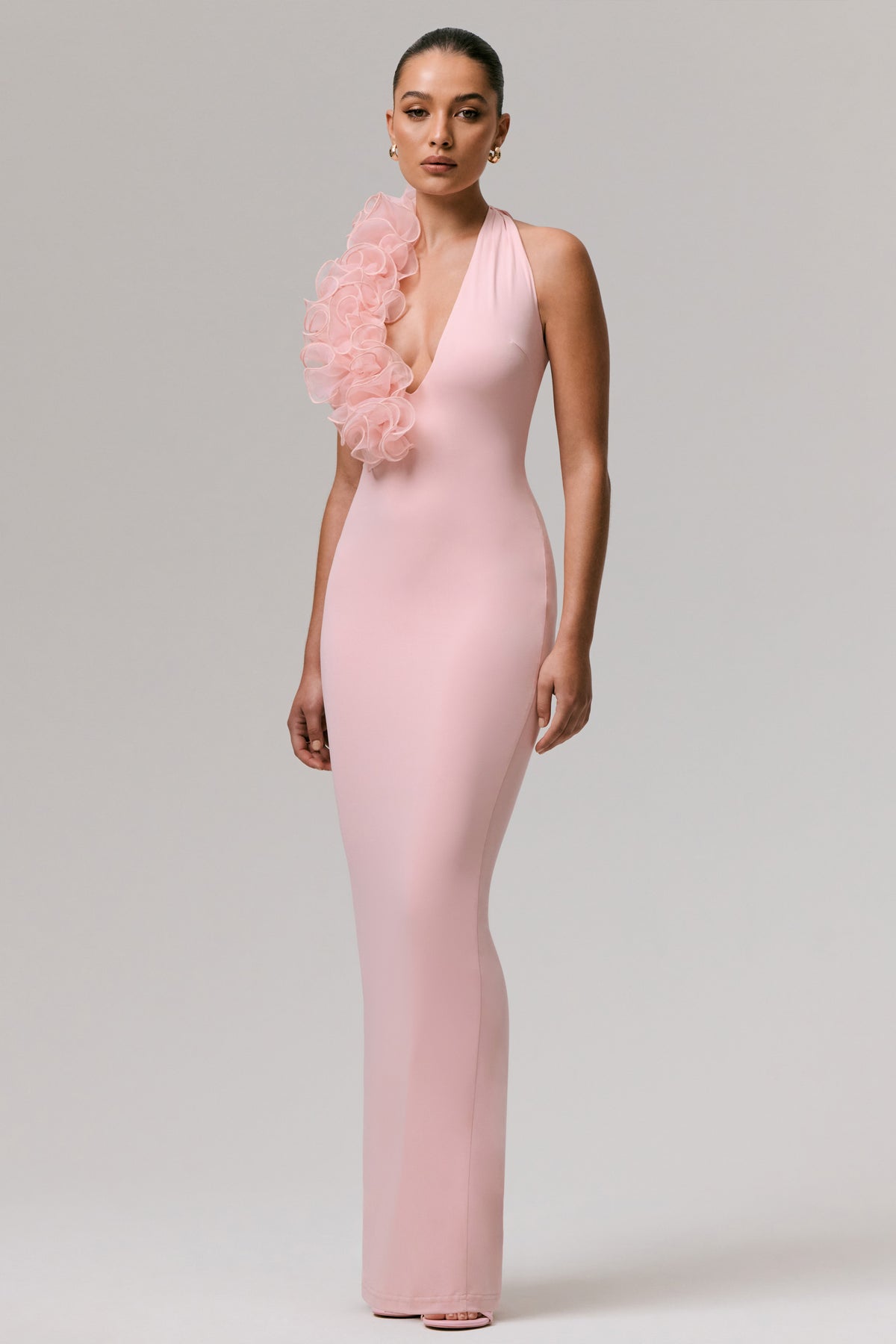 Harriet | Pink Plunge-Neck Maxi Dress With Floral Detail