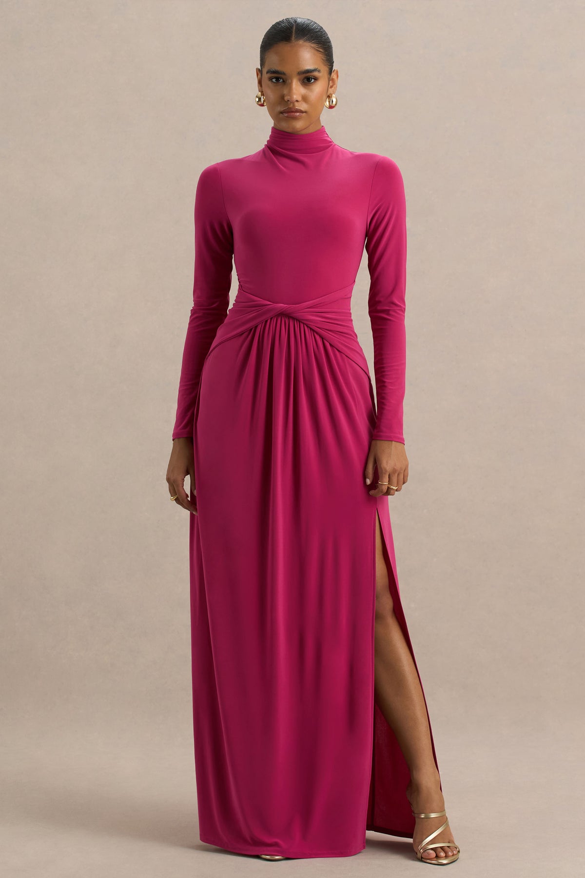 Hourglass Hot Pink Long-Sleeve Twisted Maxi Dress With Split Club L London - USA Hourglass Hot Pink Long-Sleeve Twisted Maxi Dress With Split Club L London - USA