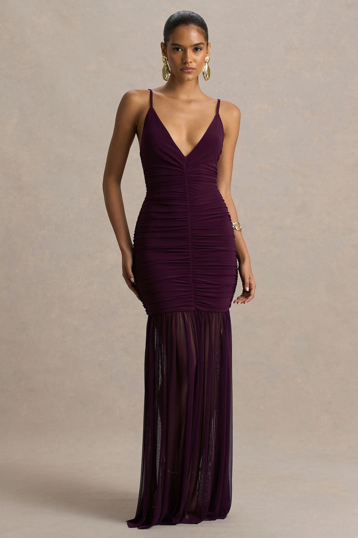 Pasqualina Plum Ruched Plunge-Neck Maxi Dress Club L London - USA Pasqualina Plum Ruched Plunge-Neck Maxi Dress Club L London - USA