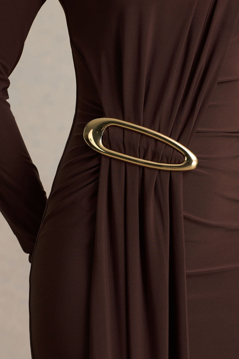 Zadie | Brown High-Neck Maxi Dress with Gathered-detail