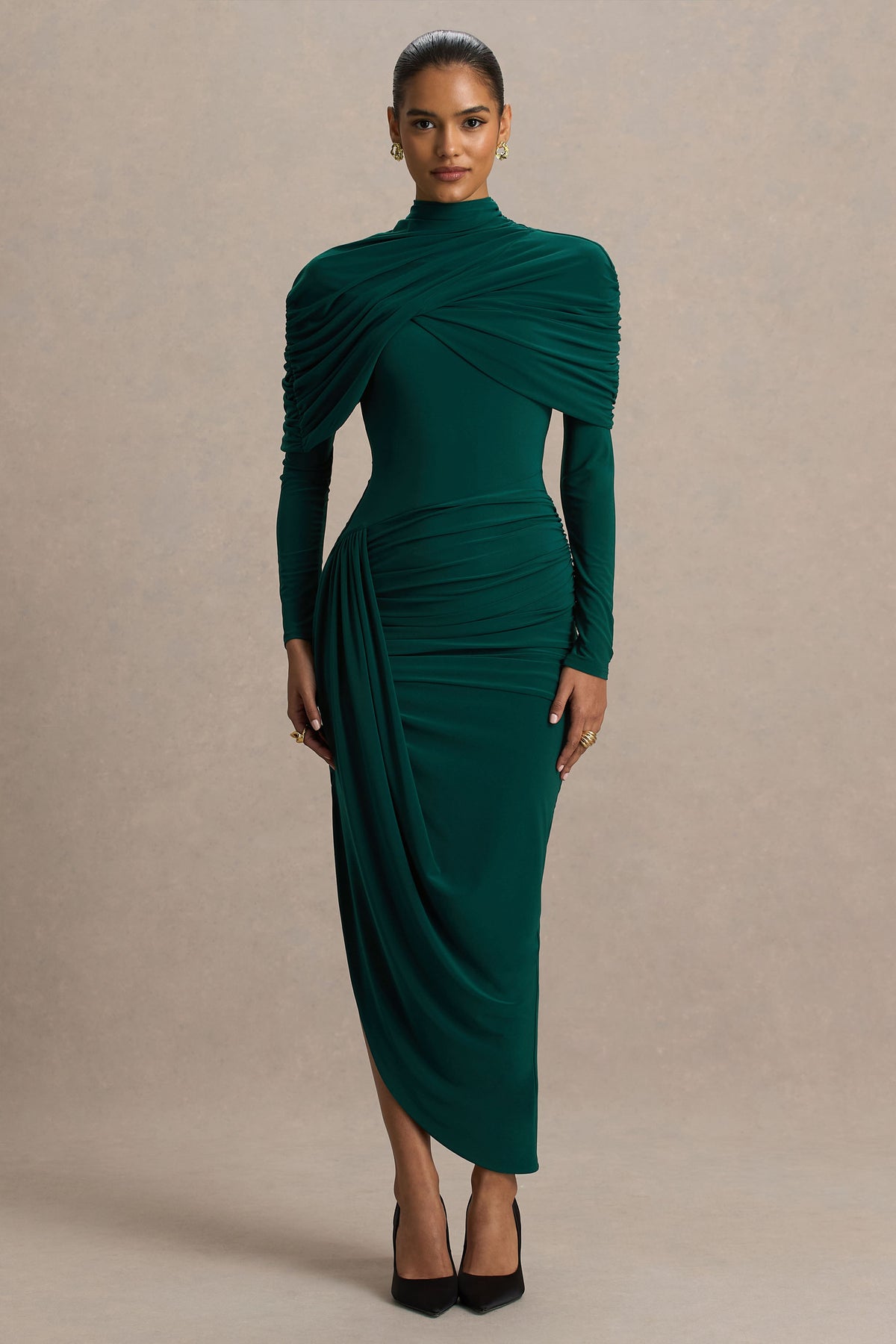 Aneira | Bottle Green High-Neck Maxi Dress With Cape Sleeves - UK 12 Bottle Green Aneira | Bottle Green High-Neck Maxi Dress With Cape Sleeves - UK 12 Bottle Green