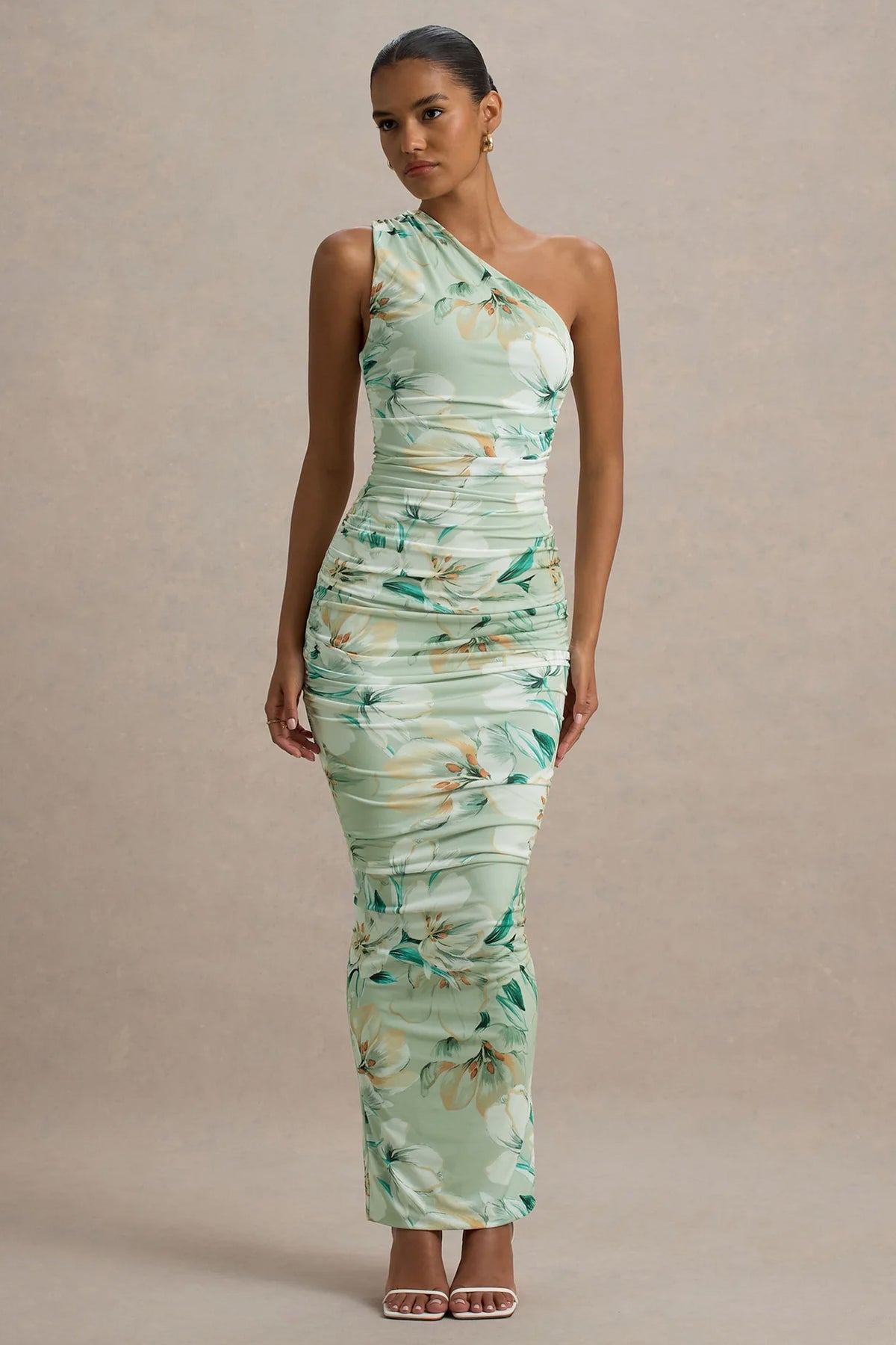 Dalarie Green Floral Print One-Shoulder Gathered Maxi Dress Club L London - USA Dalarie Green Floral Print One-Shoulder Gathered Maxi Dress Club L London - USA
