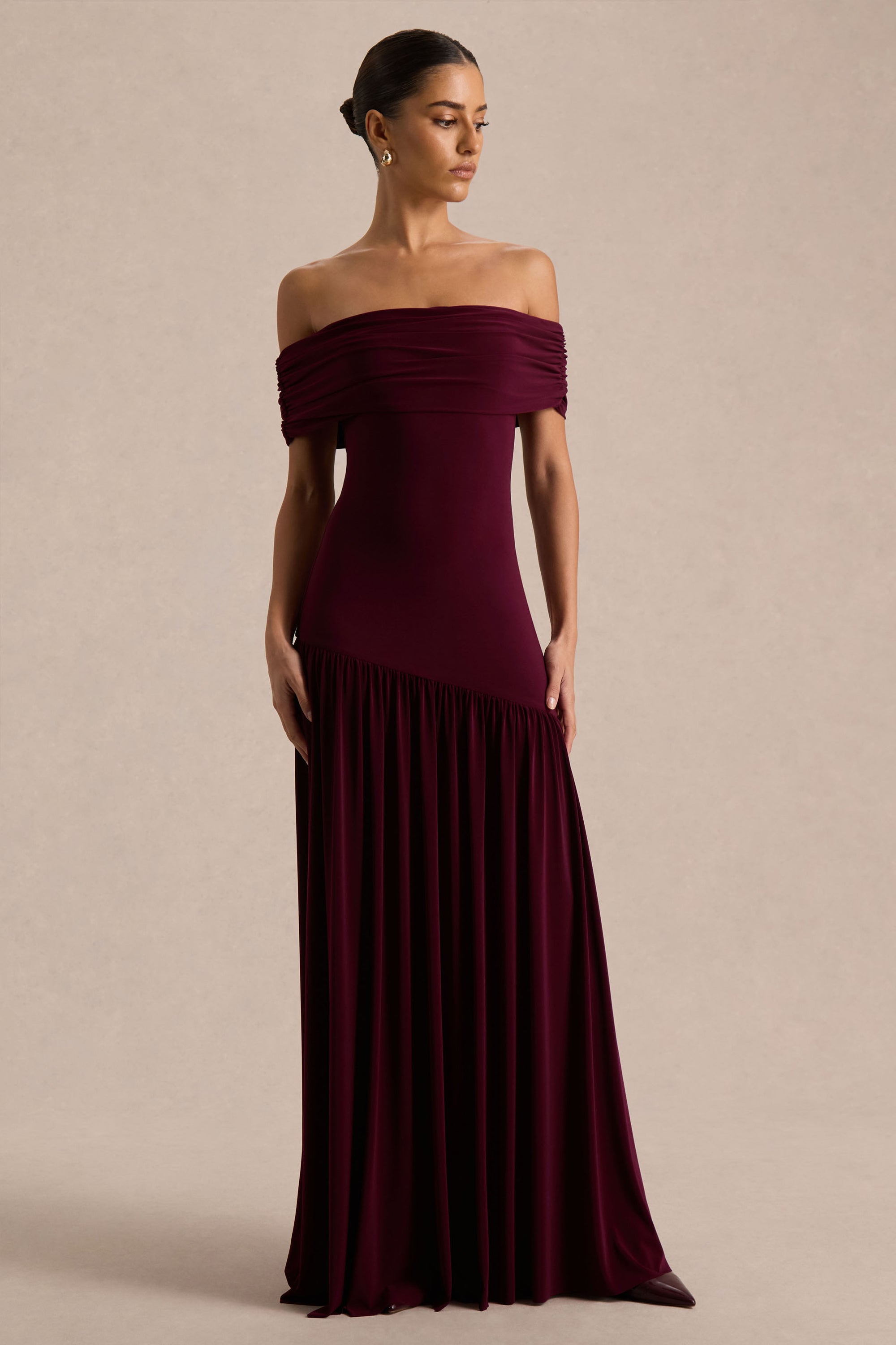 Venezia | Burgundy Bardot Maxi Dress With Drop-Waist – Club L London