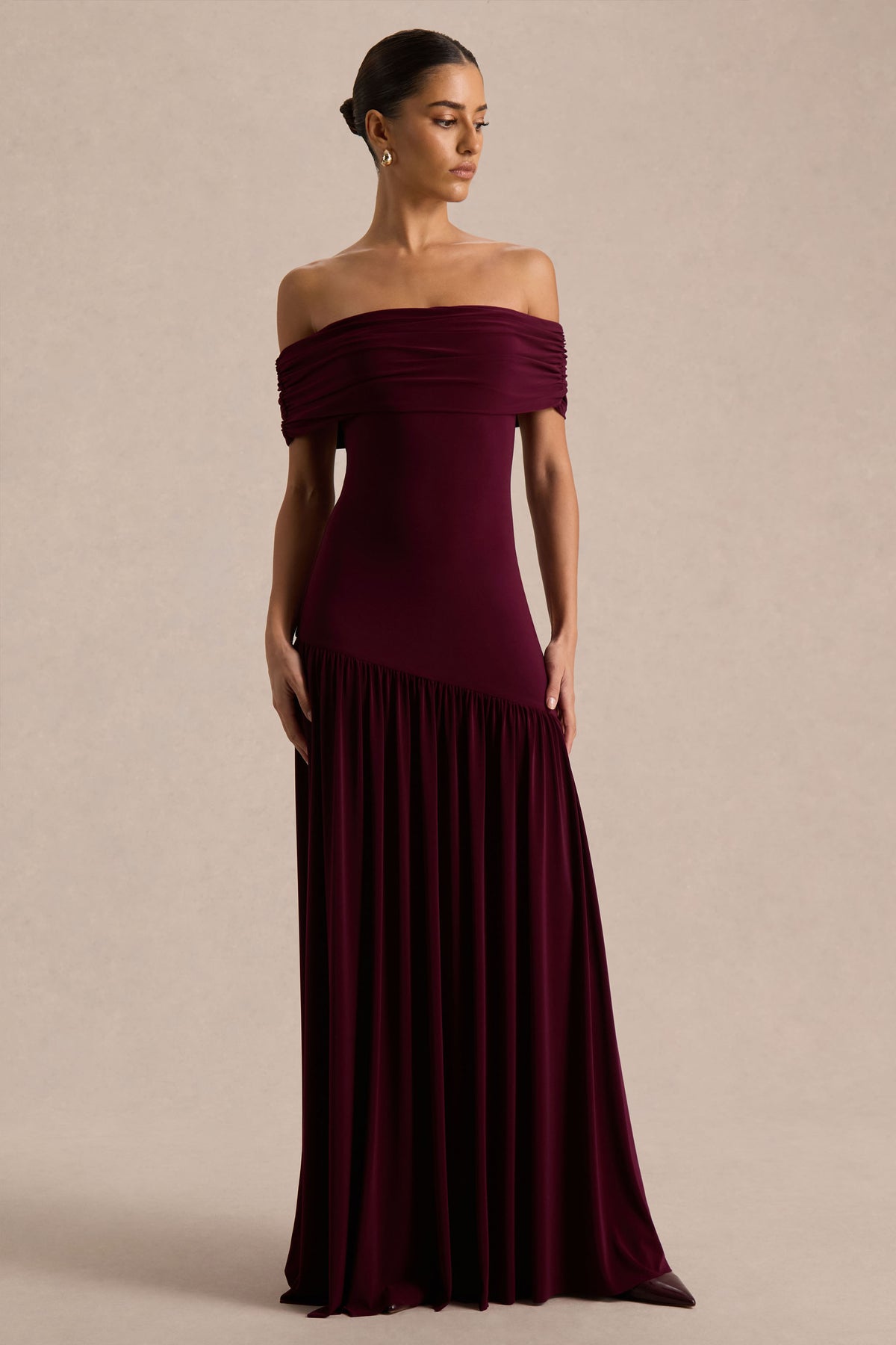 Venezia Burgundy Bardot Maxi Dress With Drop-Waist Club L London - USA Venezia Burgundy Bardot Maxi Dress With Drop-Waist Club L London - USA