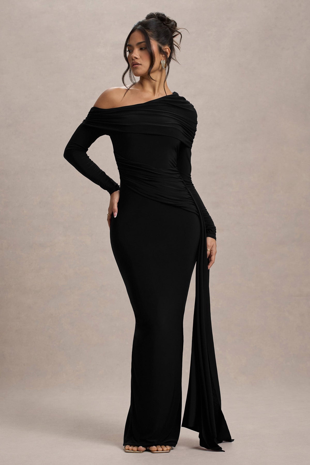 Valina | Black Ruched Asymmetric Maxi Dress with Drape - UK 6 Black Valina | Black Ruched Asymmetric Maxi Dress with Drape - UK 6 Black