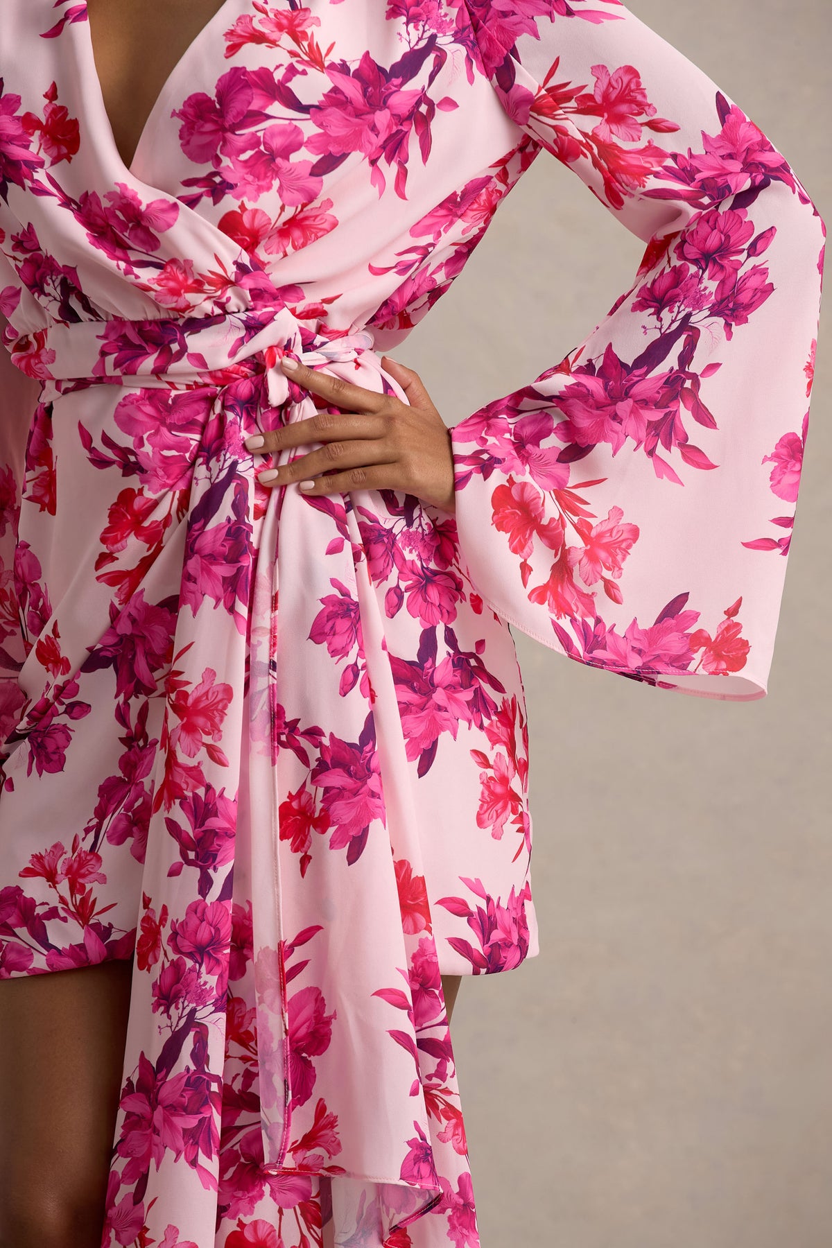 Goldie Pink Floral Print Chiffon Long-Sleeve Wrap Mini Dress Club L London - USA Goldie Pink Floral Print Chiffon Long-Sleeve Wrap Mini Dress Club L London - USA