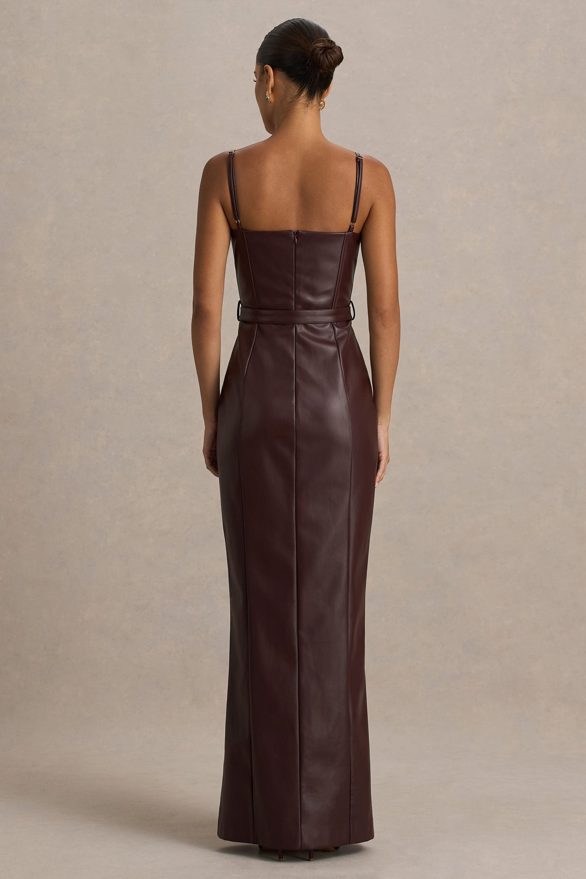 Lila | Burgundy Faux Leather Plunge-Neck Maxi Dress With Split - UK 6 Burgundy Lila | Burgundy Faux Leather Plunge-Neck Maxi Dress With Split - UK 6 Burgundy