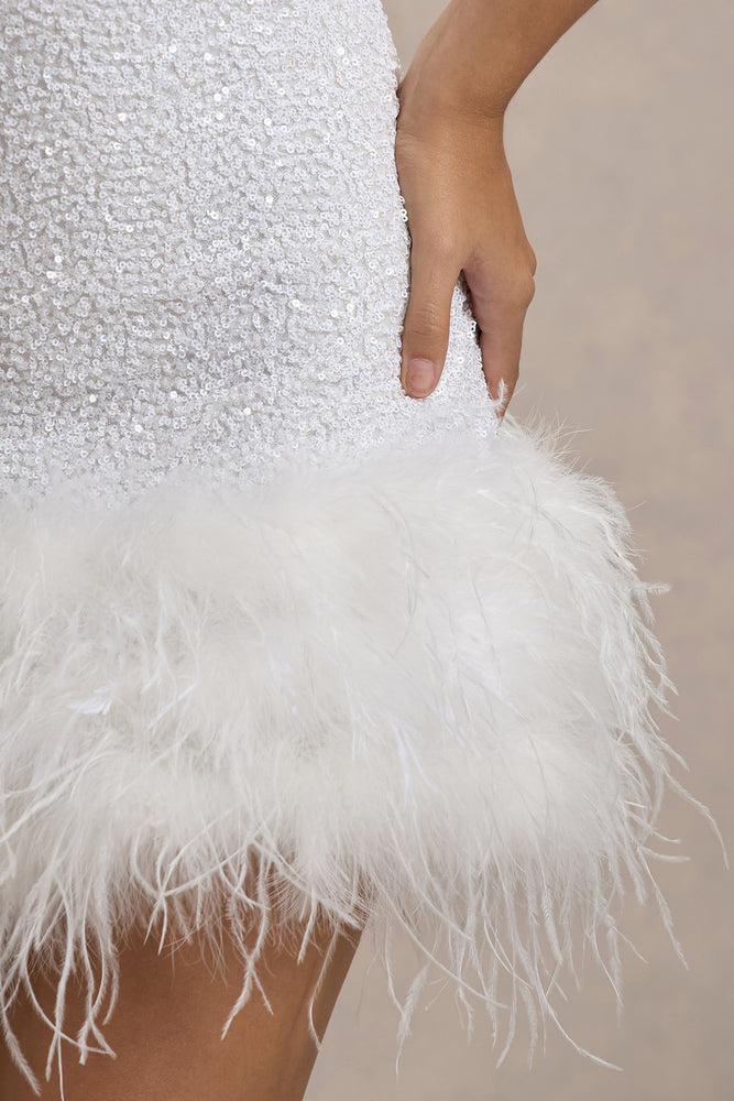 Lumi | White Sequin High-Neck Feather Trim Mini Dress - UK 6 White Lumi | White Sequin High-Neck Feather Trim Mini Dress - UK 6 White