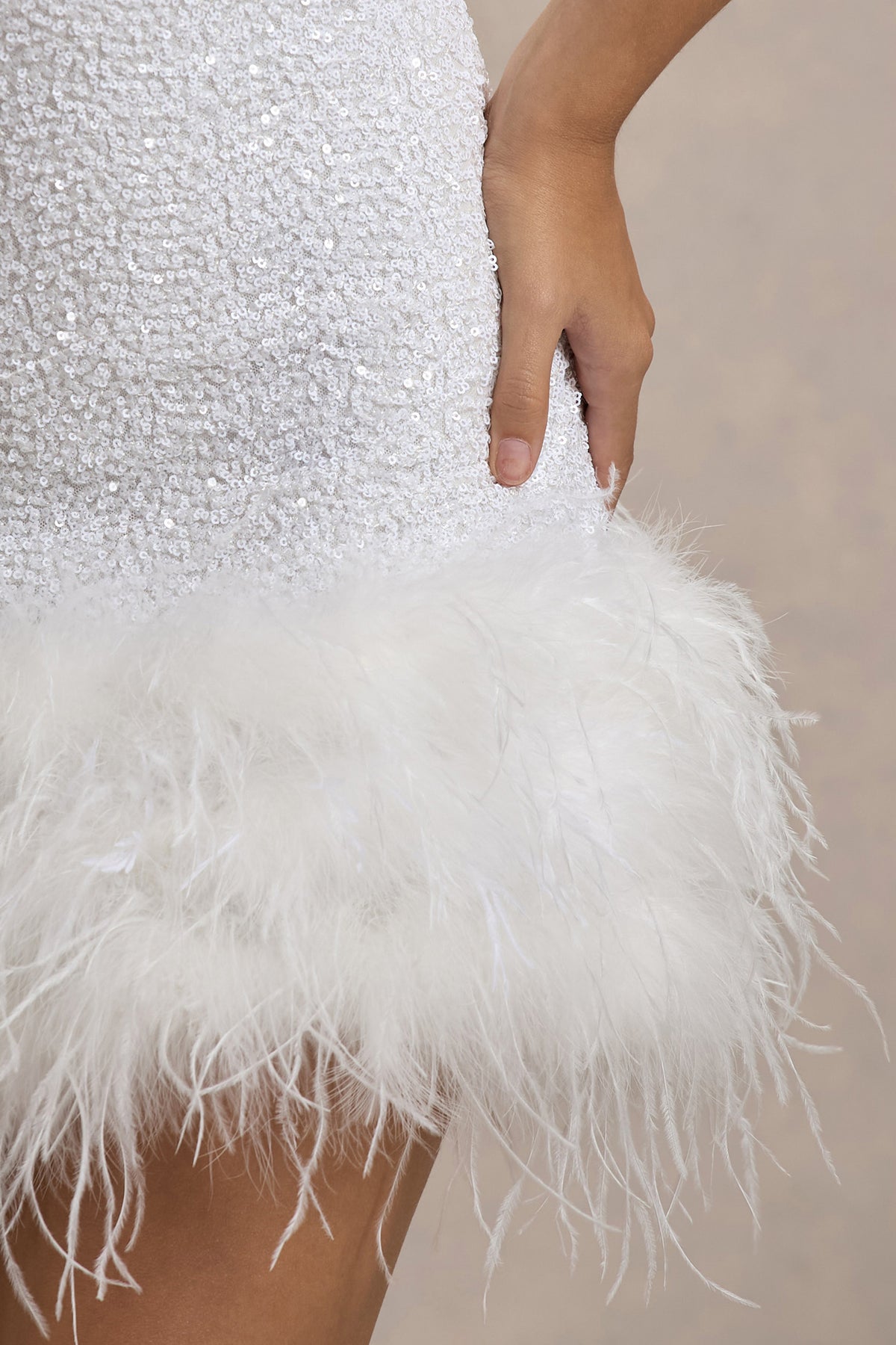 Lumi | White Sequin High-Neck Feather Trim Mini Dress - UK 6 White Lumi | White Sequin High-Neck Feather Trim Mini Dress - UK 6 White
