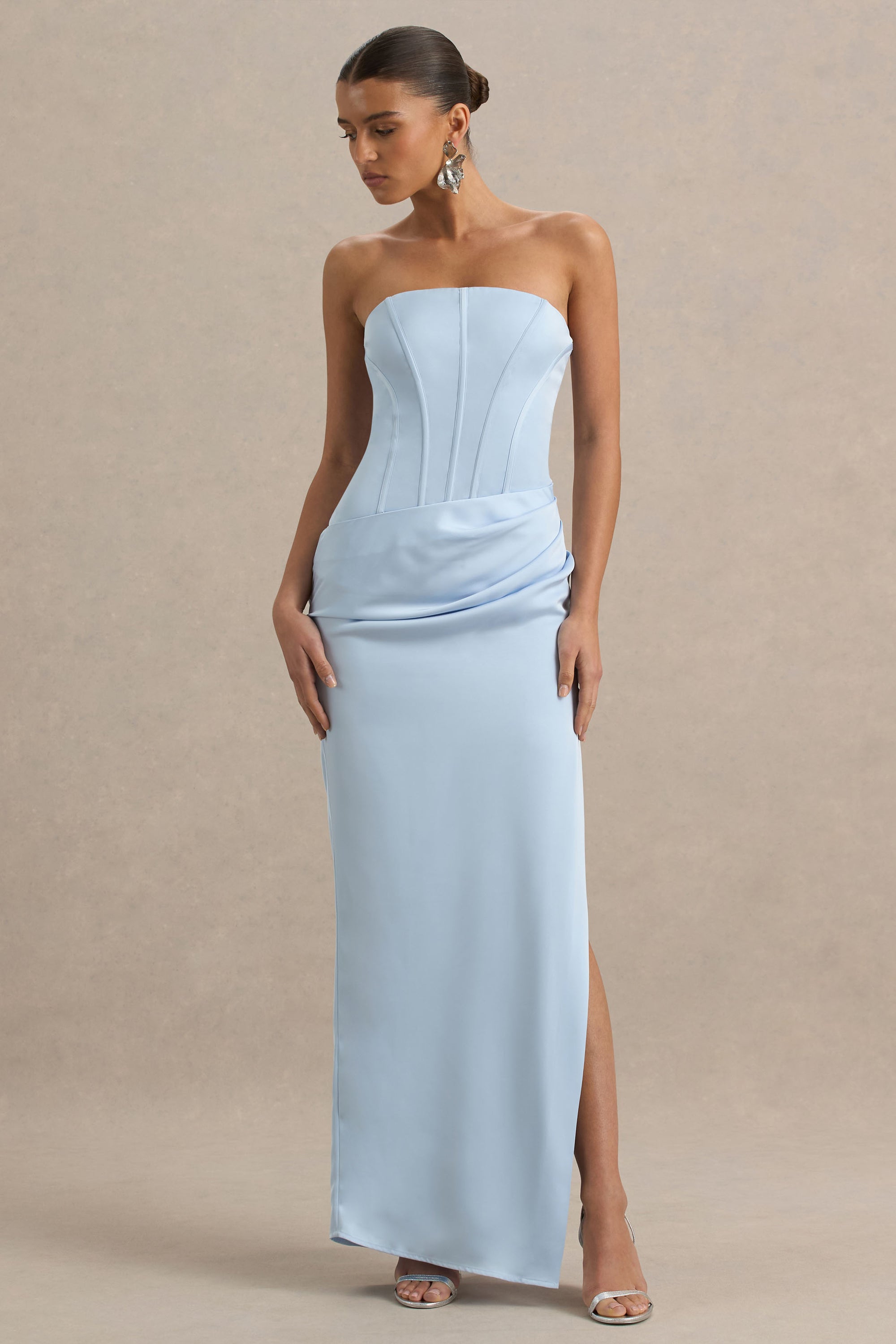 Joseline | Powder Blue Satin Corset Wrap Maxi Dress With Scarf – Club L London