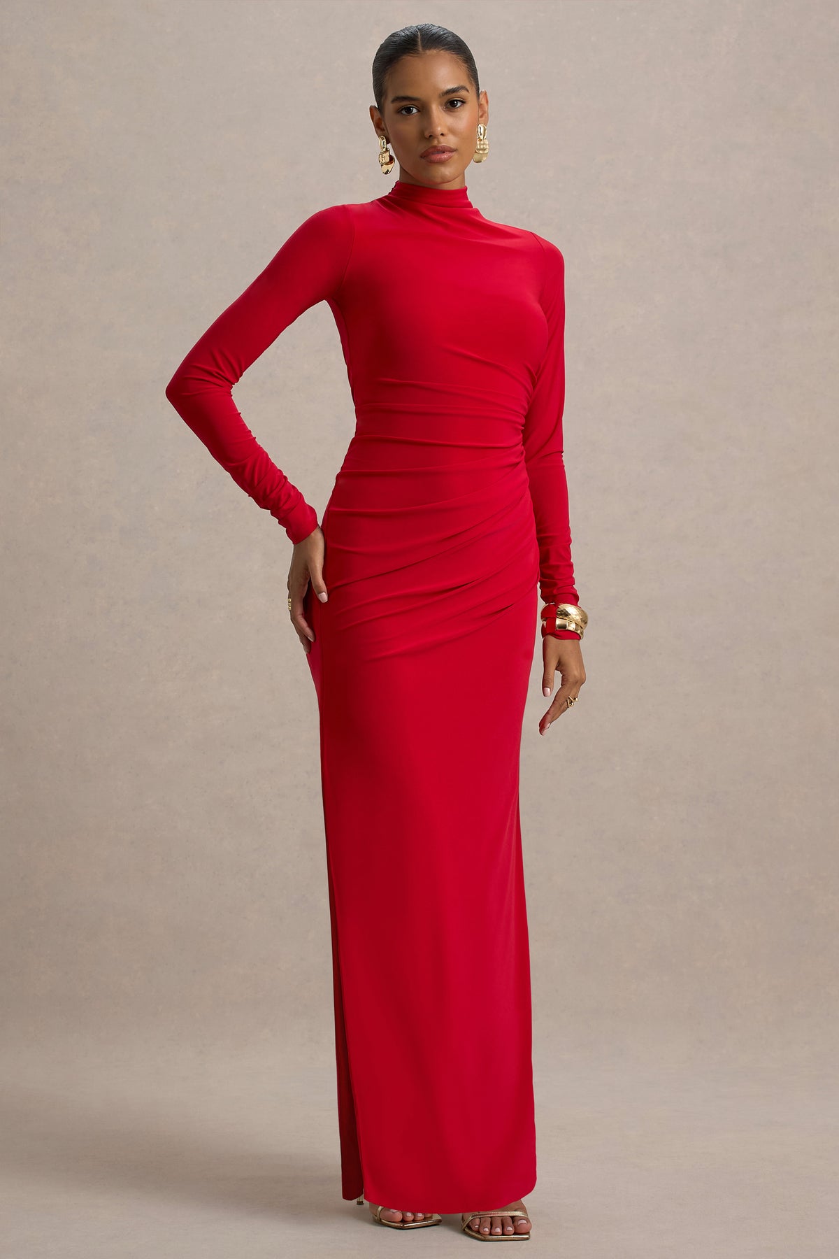 Alluring Red High Neck Maxi Dress With Ruched Detailing Club L London - USA Alluring Red High Neck Maxi Dress With Ruched Detailing Club L London - USA