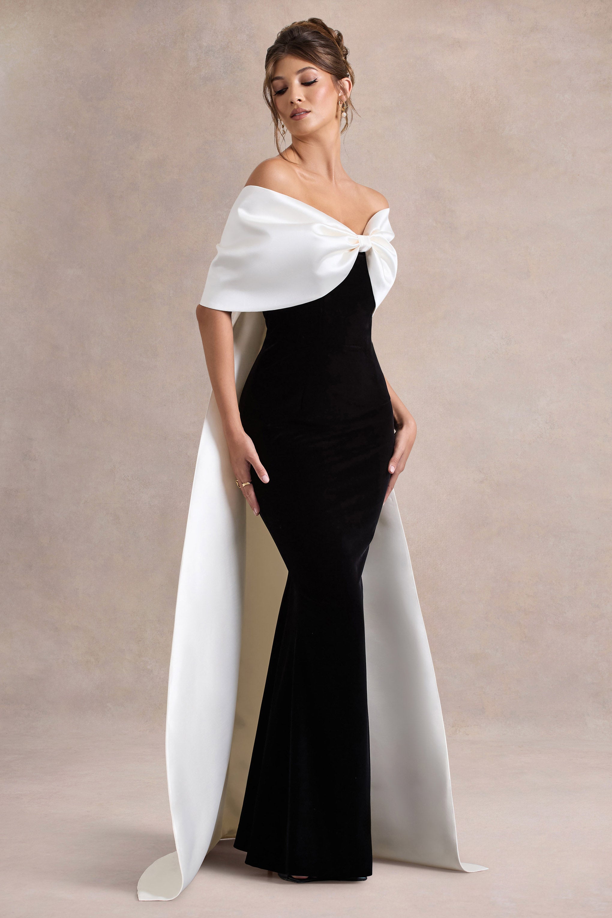 Wanting More | Black & White Satin Cape Maxi Dress With Oversized