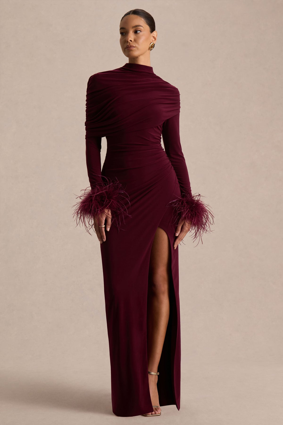 Gatsby Burgundy High-Neck Maxi Dress With Feather Trim Cuffs Club L London - USA Gatsby Burgundy High-Neck Maxi Dress With Feather Trim Cuffs Club L London - USA