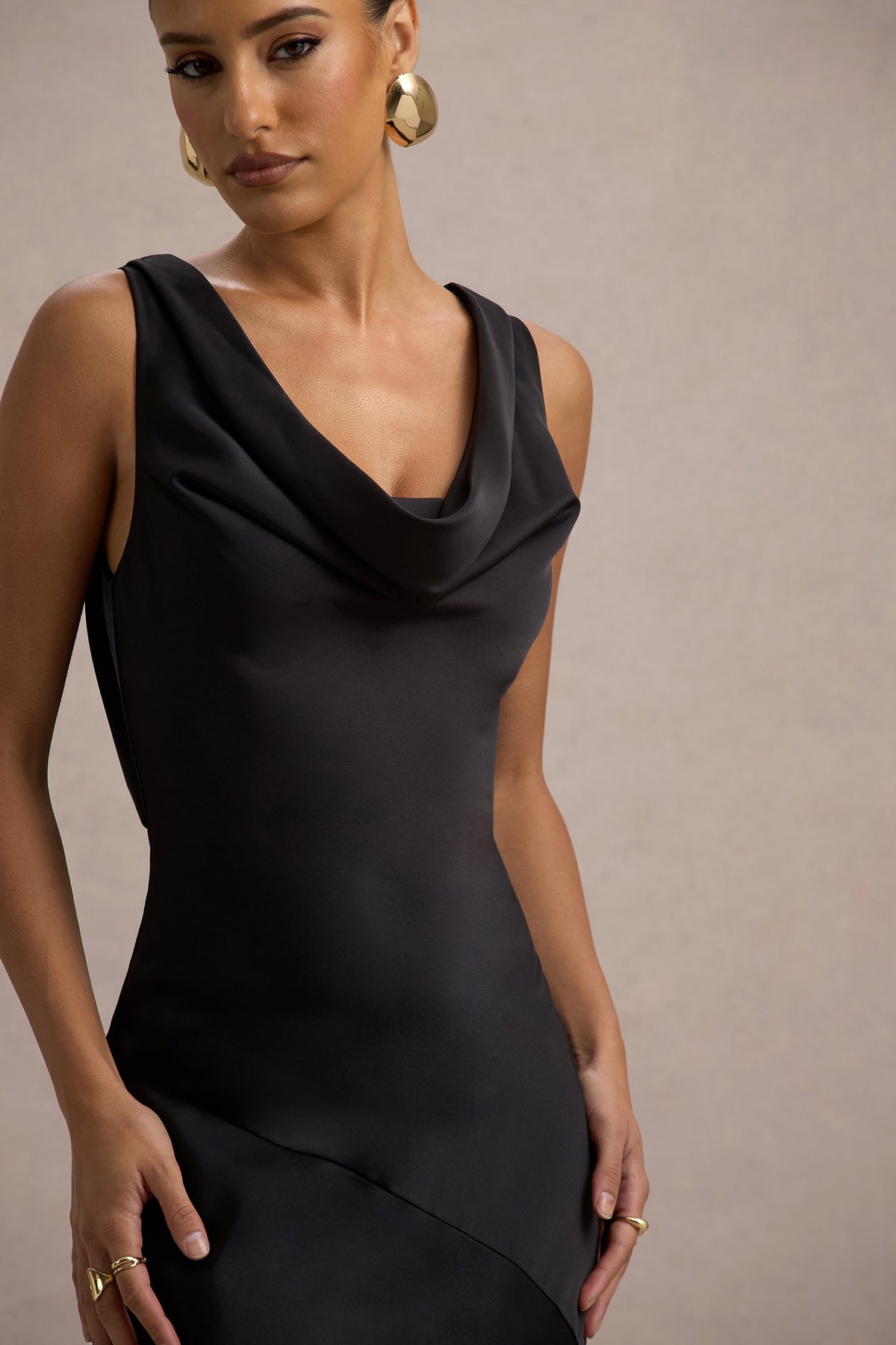 Alesso Black Satin Cowl-Neck Slip-Maxi Dress Club L London - USA Alesso Black Satin Cowl-Neck Slip-Maxi Dress Club L London - USA