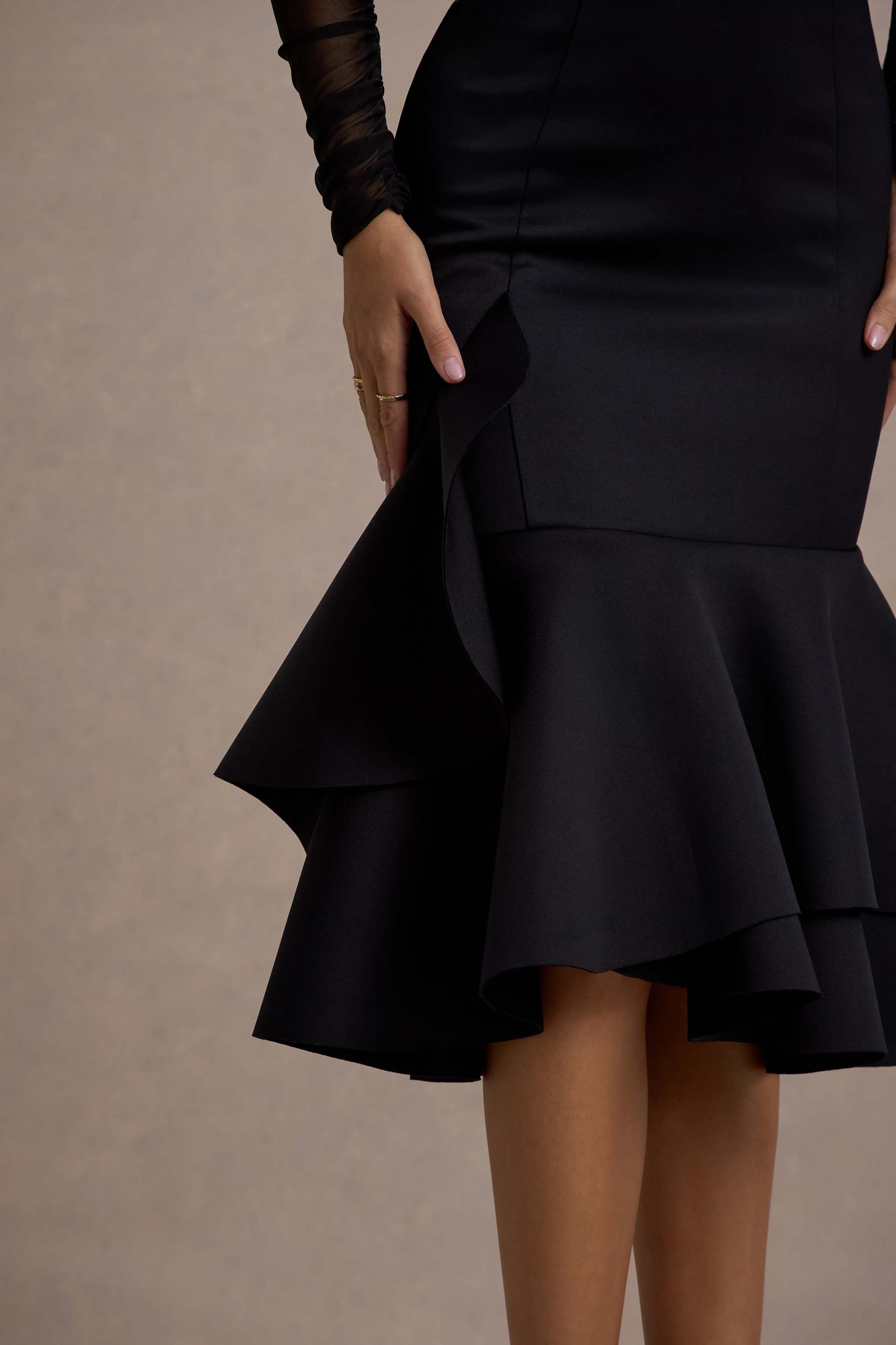 black frill hem bandage midi dress Asymmetrical High Slit Bandage Midi Dress
