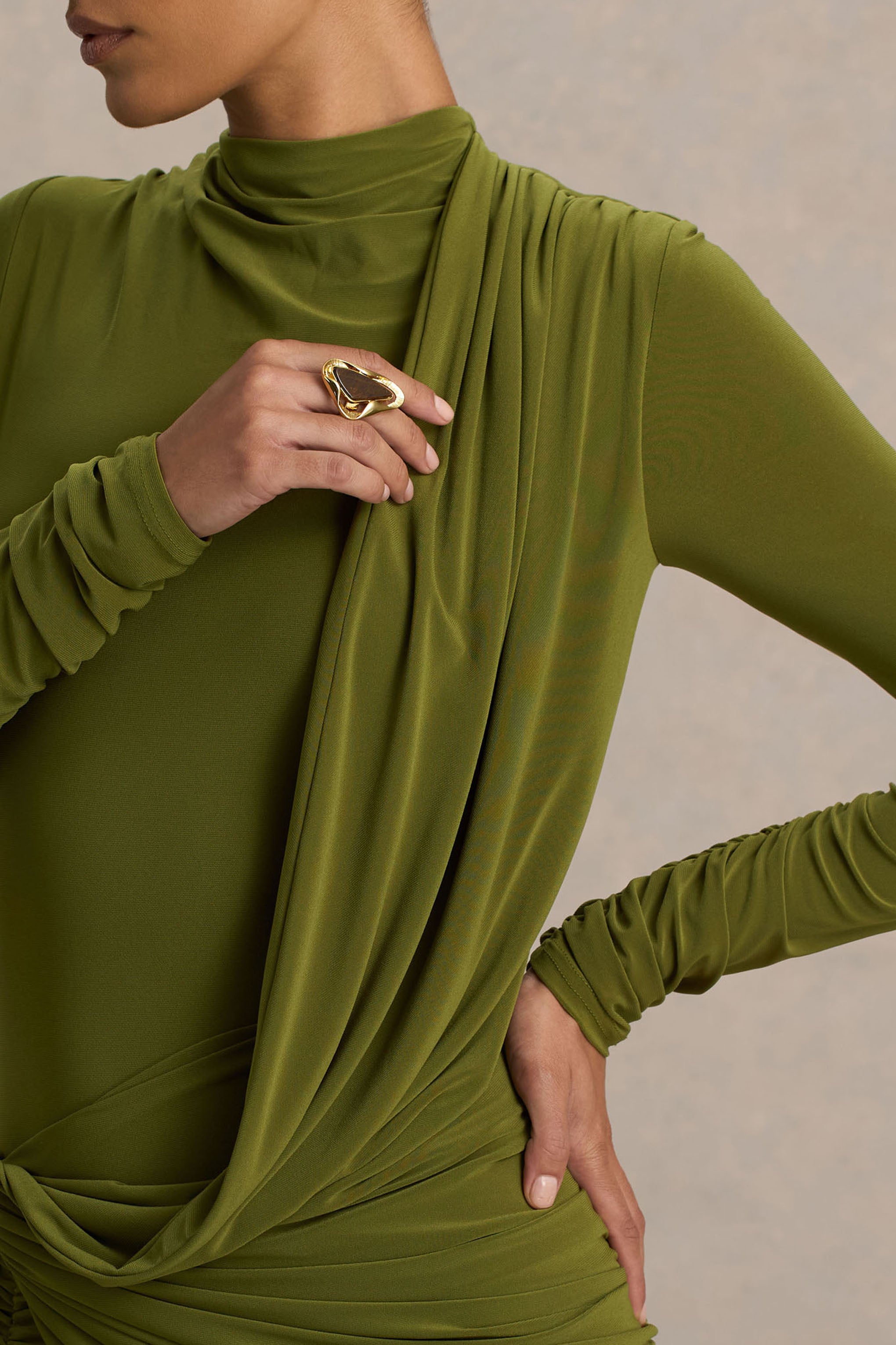 green clothing GREENCLOTHING×DEELUXE 美品 Melissa | Olive Long-Sleeve Wrap Maxi Dress With Draped Detailing