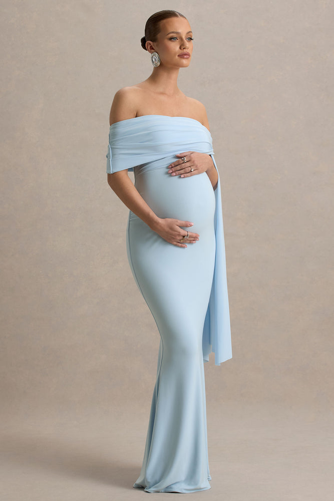 Aquila Powder Blue Bardot Maternity Maxi Dress With Draped Detail – Club L  London
