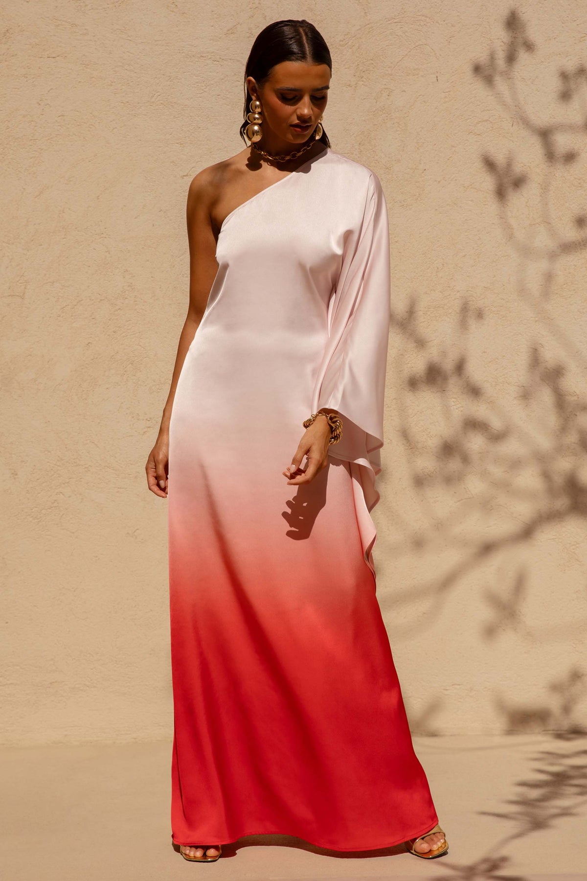 Jayla | Red Ombre Satin Asymmetric Maxi Dress with Long-Sleeve - UK 6 Ombre Jayla | Red Ombre Satin Asymmetric Maxi Dress with Long-Sleeve - UK 6 Ombre