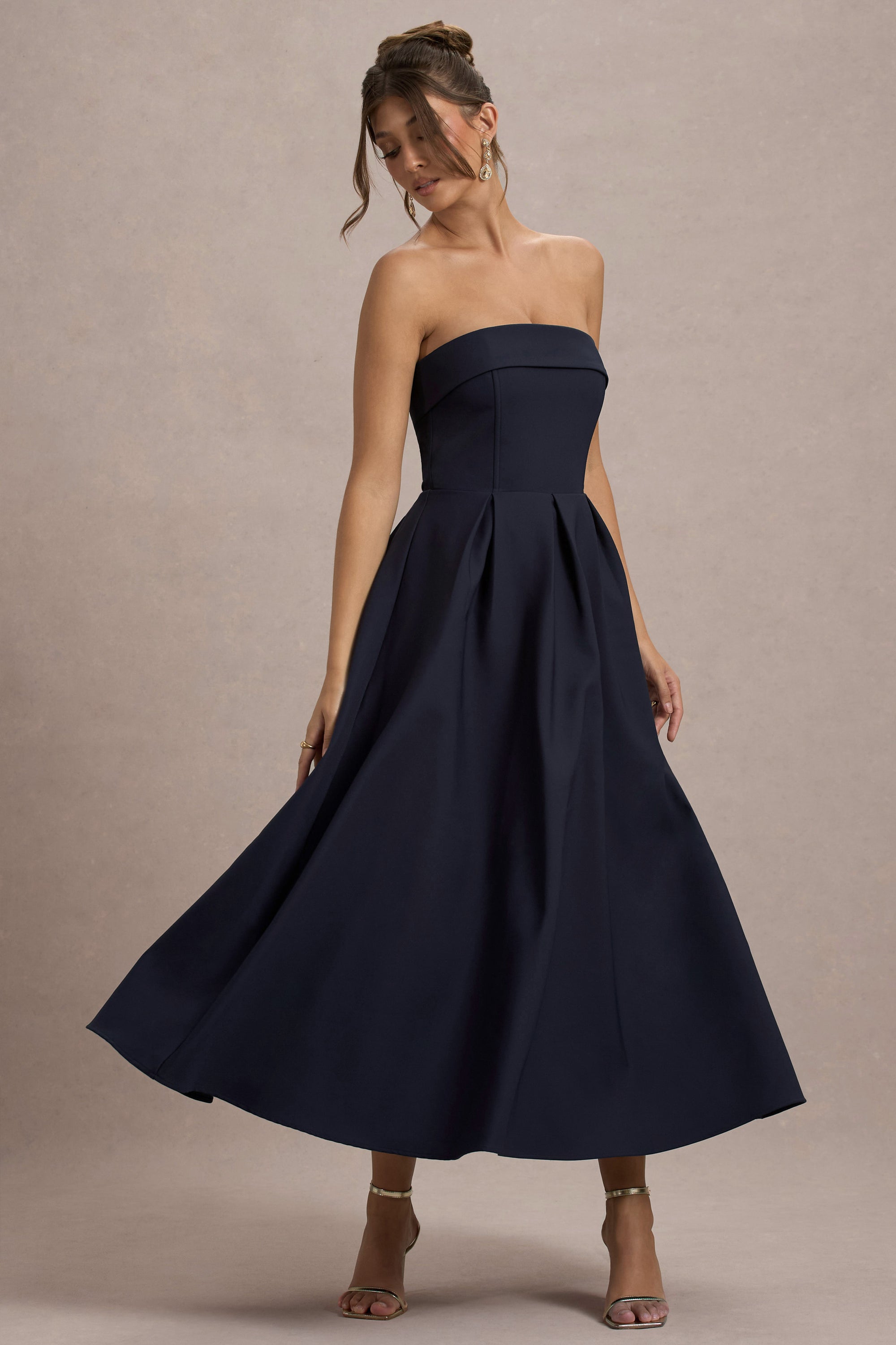 helaina midi dress - strapless a-line satin dress in navy S Navy Strapless Satin Midi Dress for Formal Events