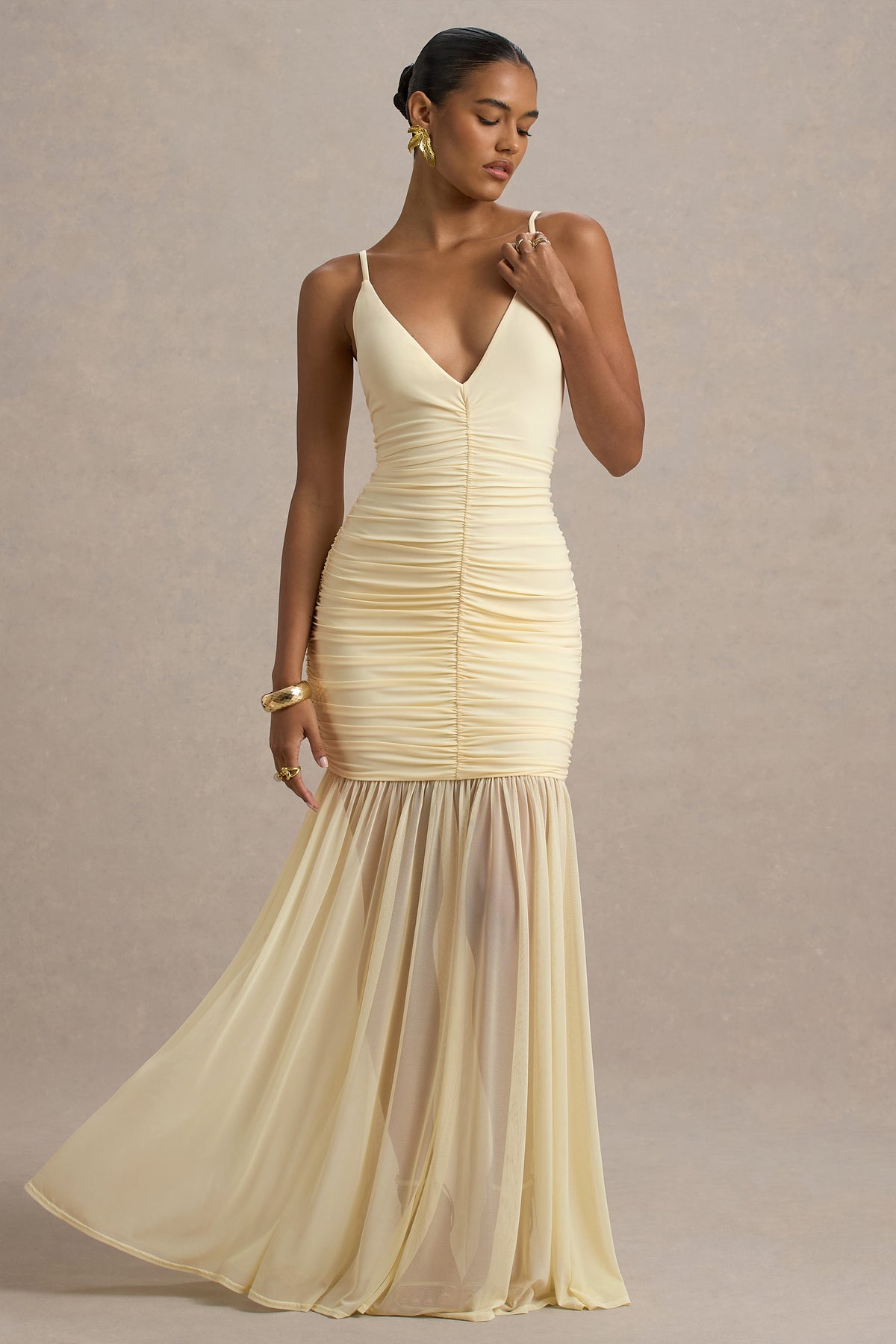 Pasqualina | Lemon Ruched Plunge-Neck Maxi Dress