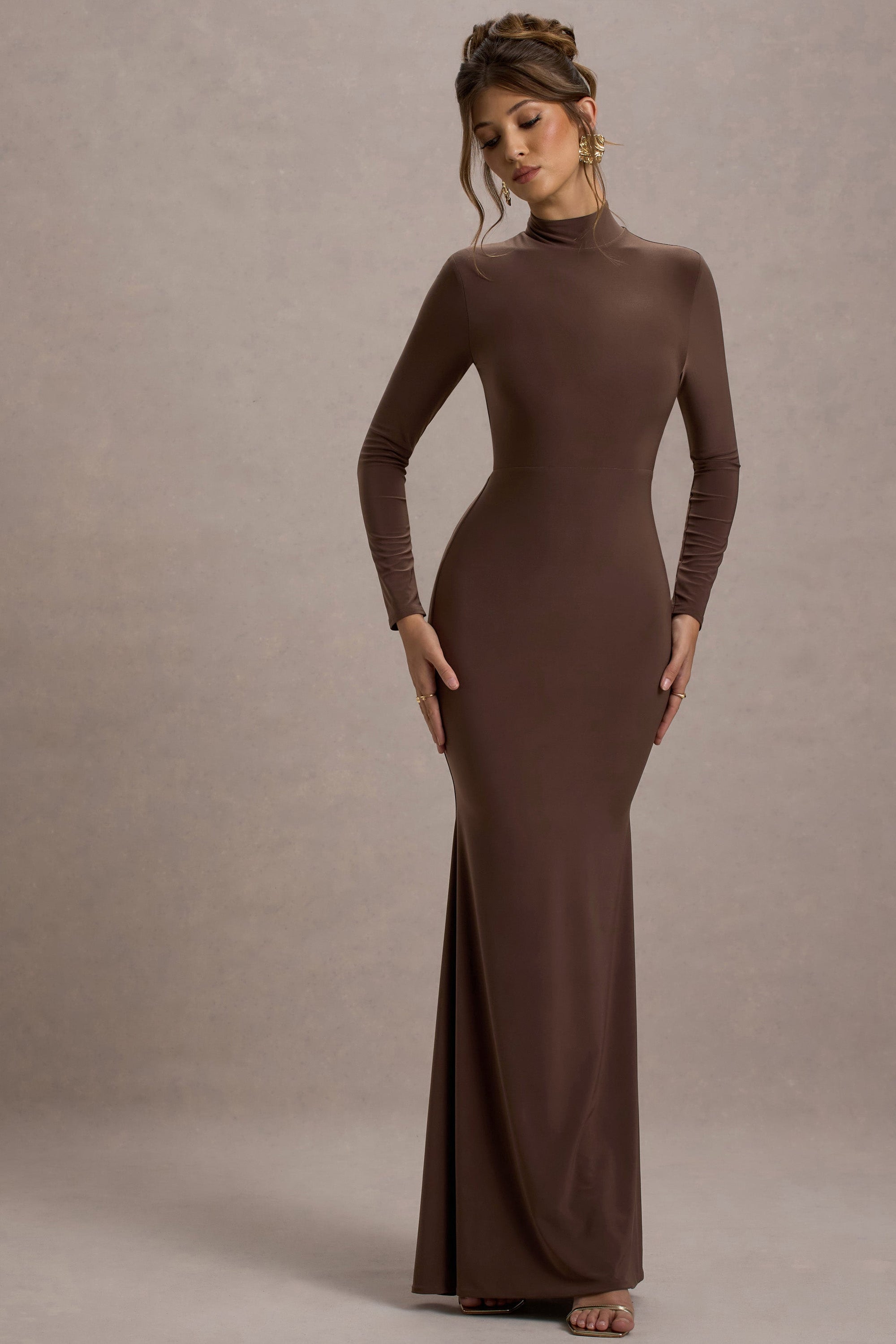 Tova | Chocolate High-Neck Long-Sleeve Maxi Dress - Club L London - USA