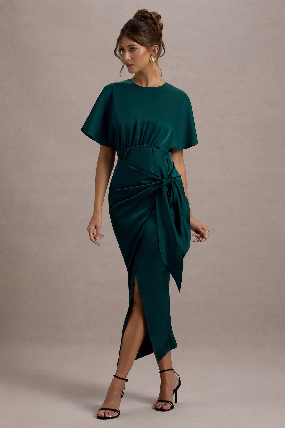 Mika Bottle Green Satin Short-Sleeve Wrap Maxi Dress Club L London - USA Mika Bottle Green Satin Short-Sleeve Wrap Maxi Dress Club L London - USA