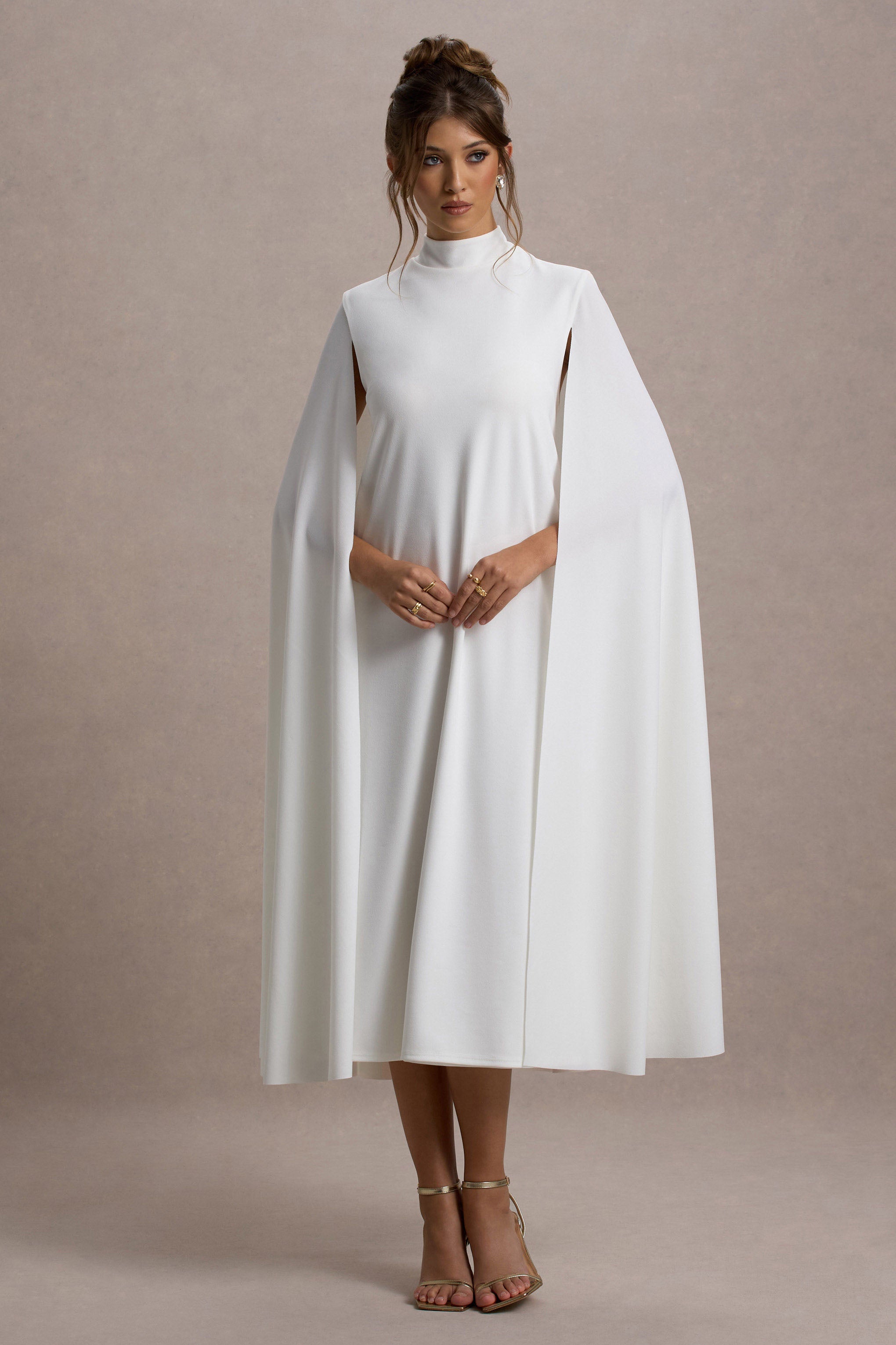 Carnation | White Long-Sleeve Midi Dress With Cape – Club L London