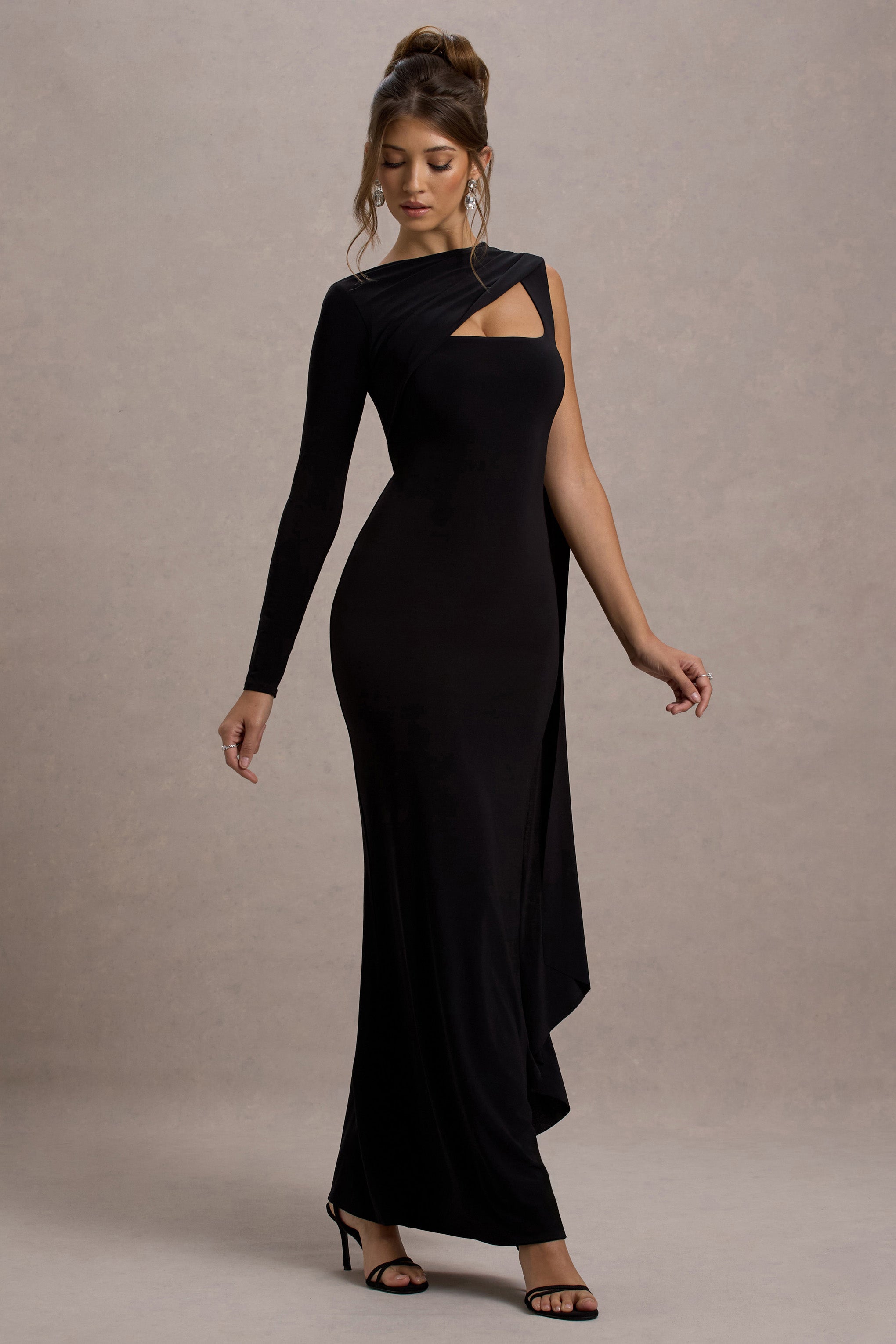 Ashini | Black One-Sleeve Maxi Dress With Cape – Club L London - USA