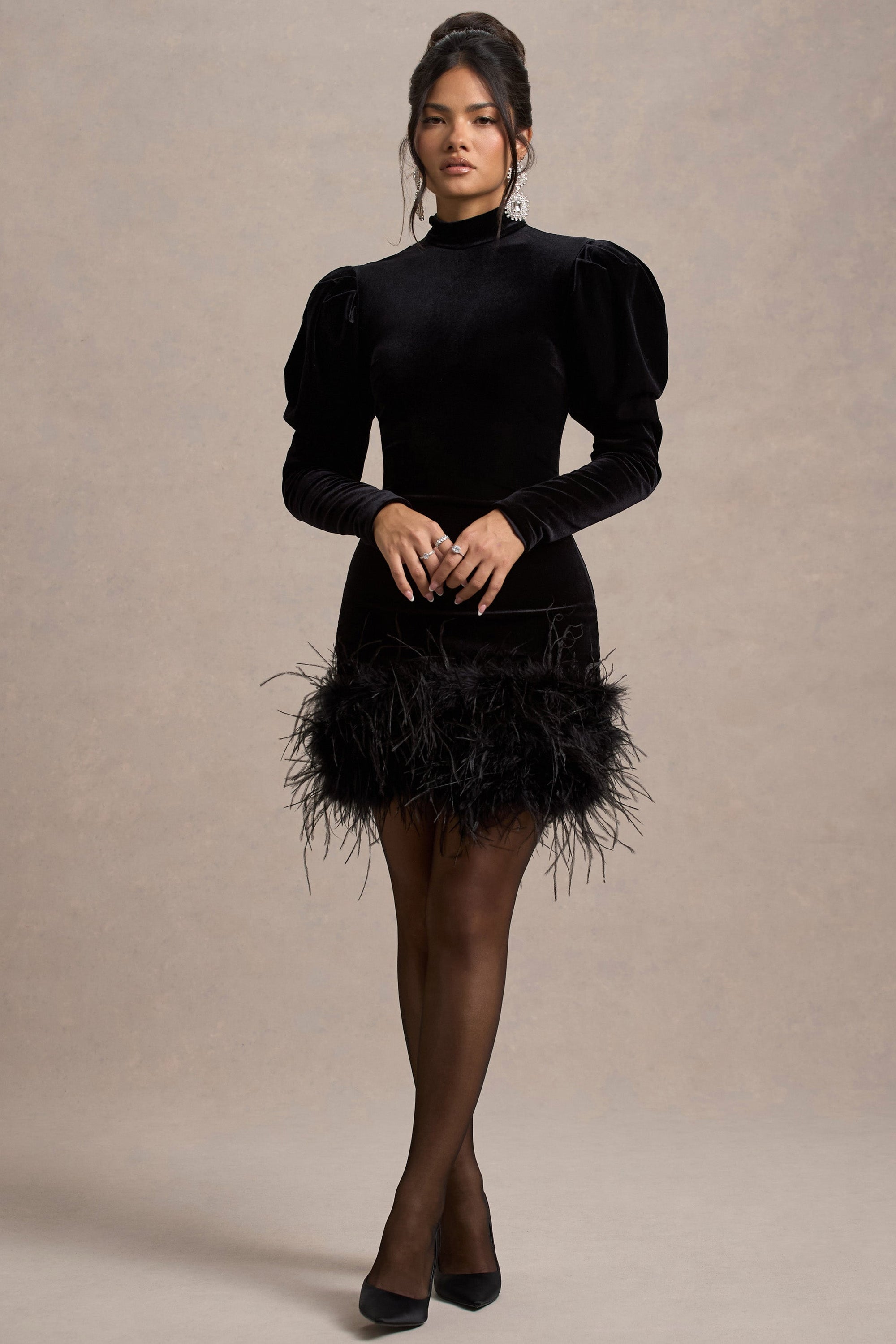 Issa | Black Velvet Long-Sleeve Mini Dress With Feather Trim - Club L London - USA