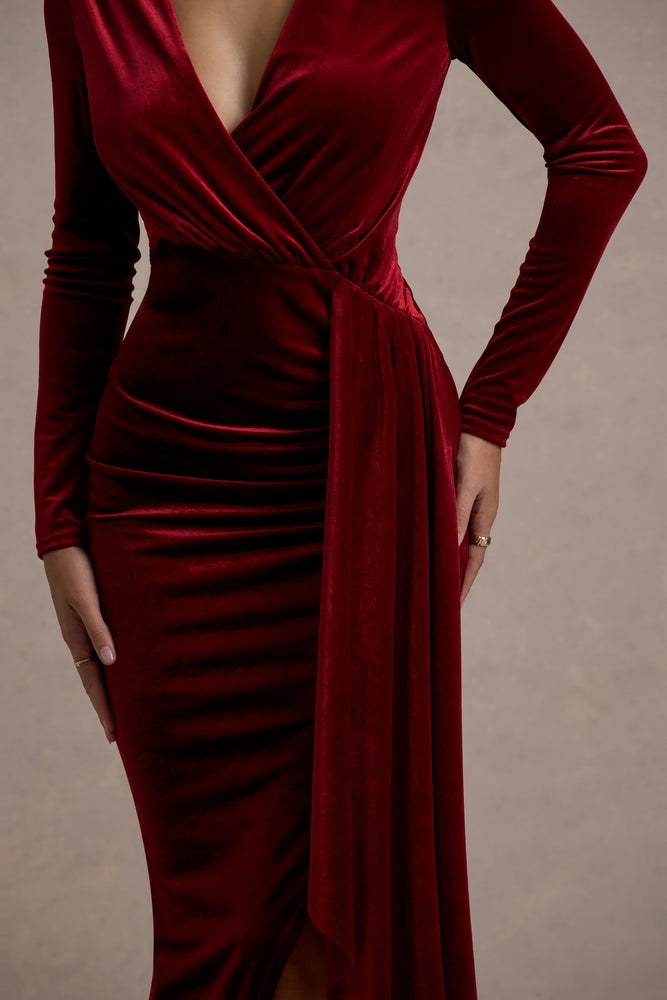 Arcadia Berry Velvet Plunge-Neck Wrap Midi Dress – Club L