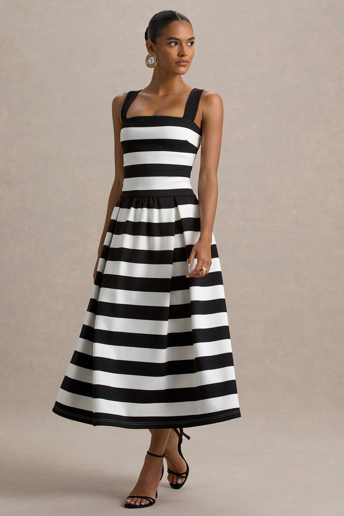 Monte Carlo | Black & White Striped Square-Neck Drop-Waist Midi Dress - UK 14 Black AND White Striped Monte Carlo | Black & White Striped Square-Neck Drop-Waist Midi Dress - UK 14 Black AND White Striped