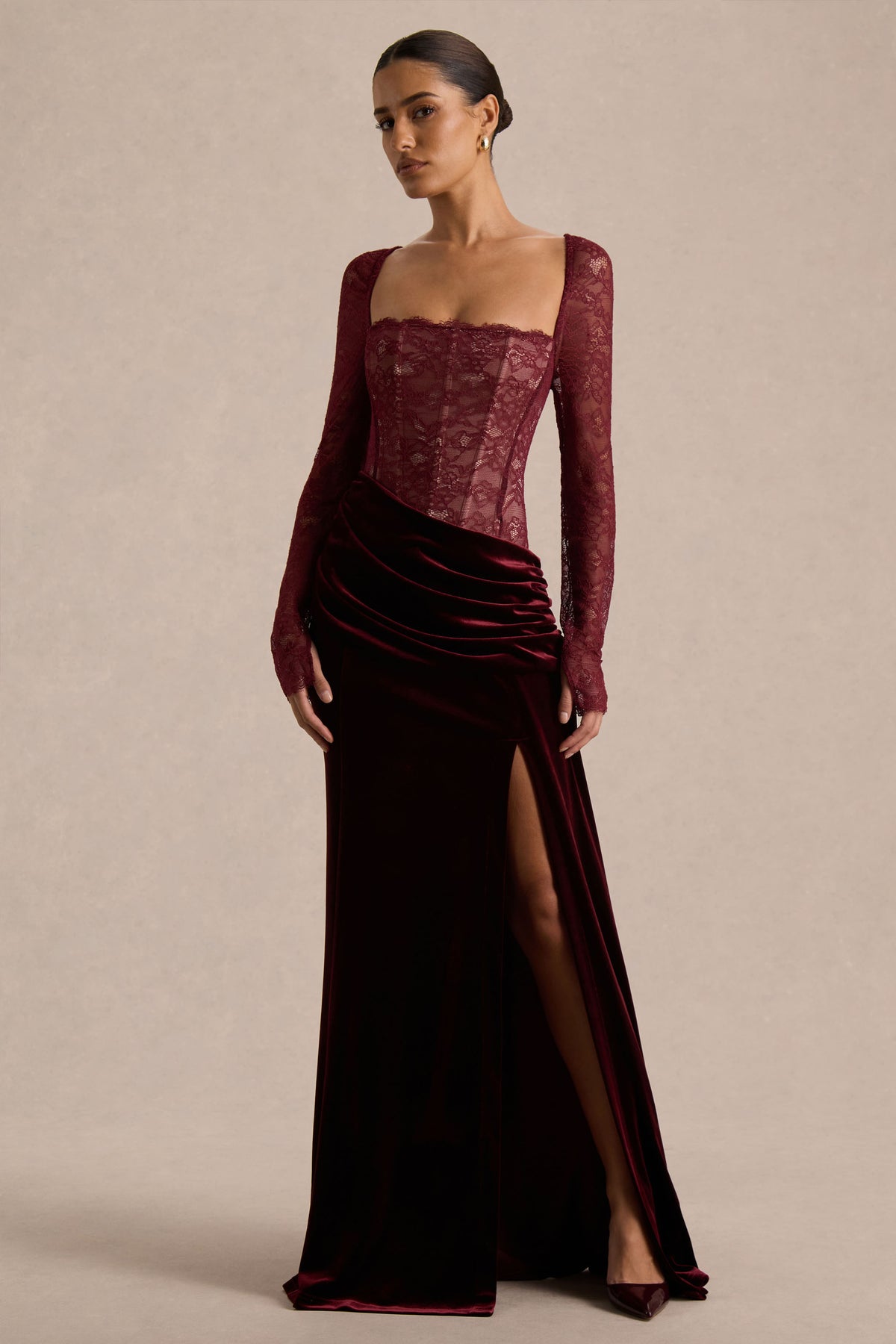 Finesse Burgundy Lace And Velvet Square-Neck Maxi Dress With Draped Club L London - USA Finesse Burgundy Lace And Velvet Square-Neck Maxi Dress With Draped Club L London - USA