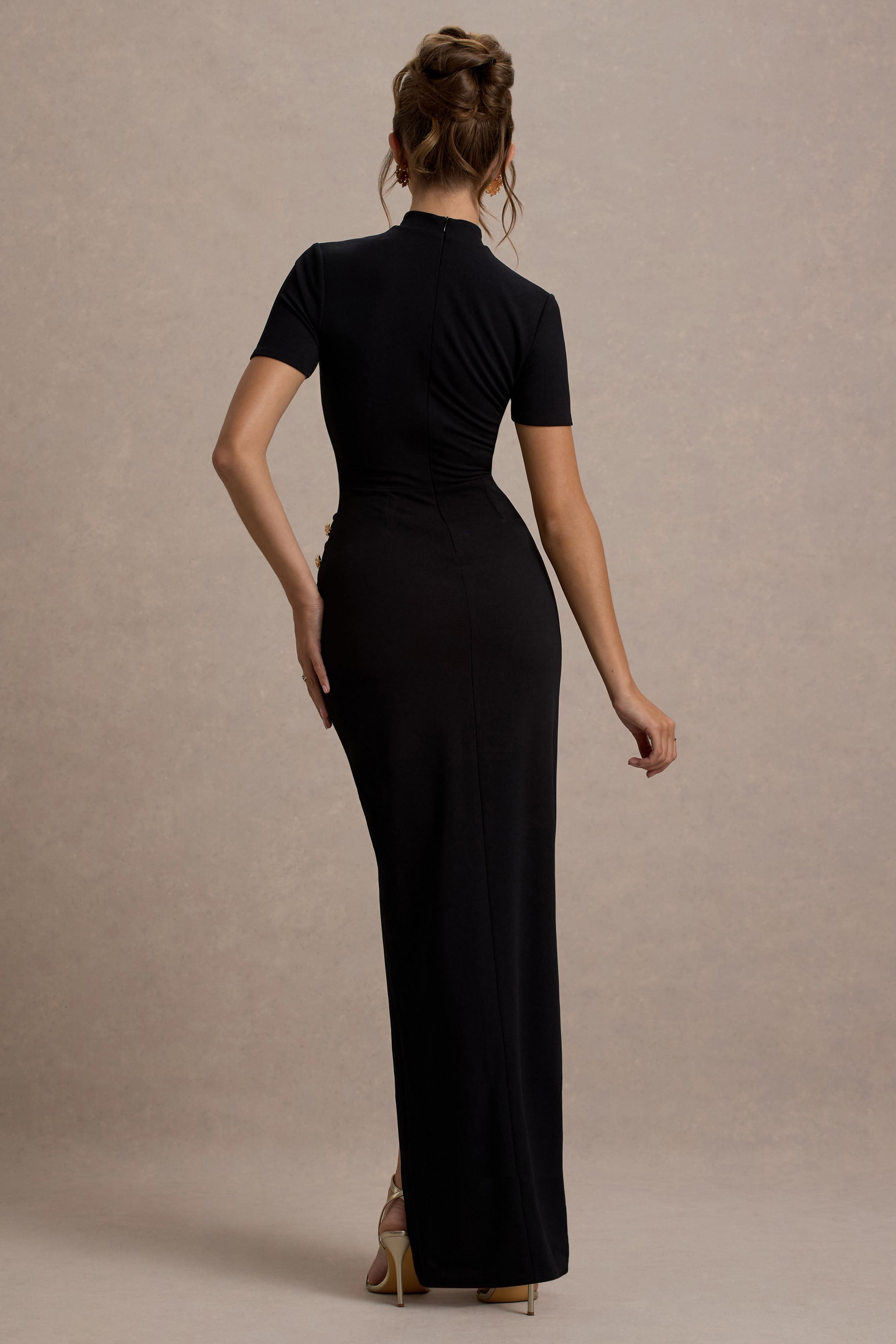 Claudetta | Black High-Neck Short-Sleeve Split Maxi Dress – Club L