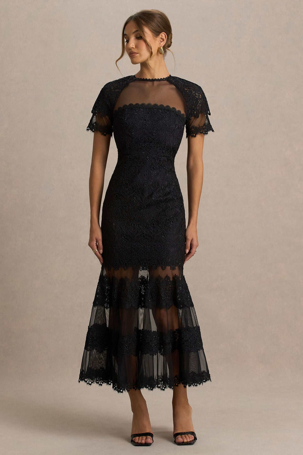 Leanne Black Mesh And Lace Crew-Neck Fishtail Midi Dress Club L London - USA Leanne Black Mesh And Lace Crew-Neck Fishtail Midi Dress Club L London - USA