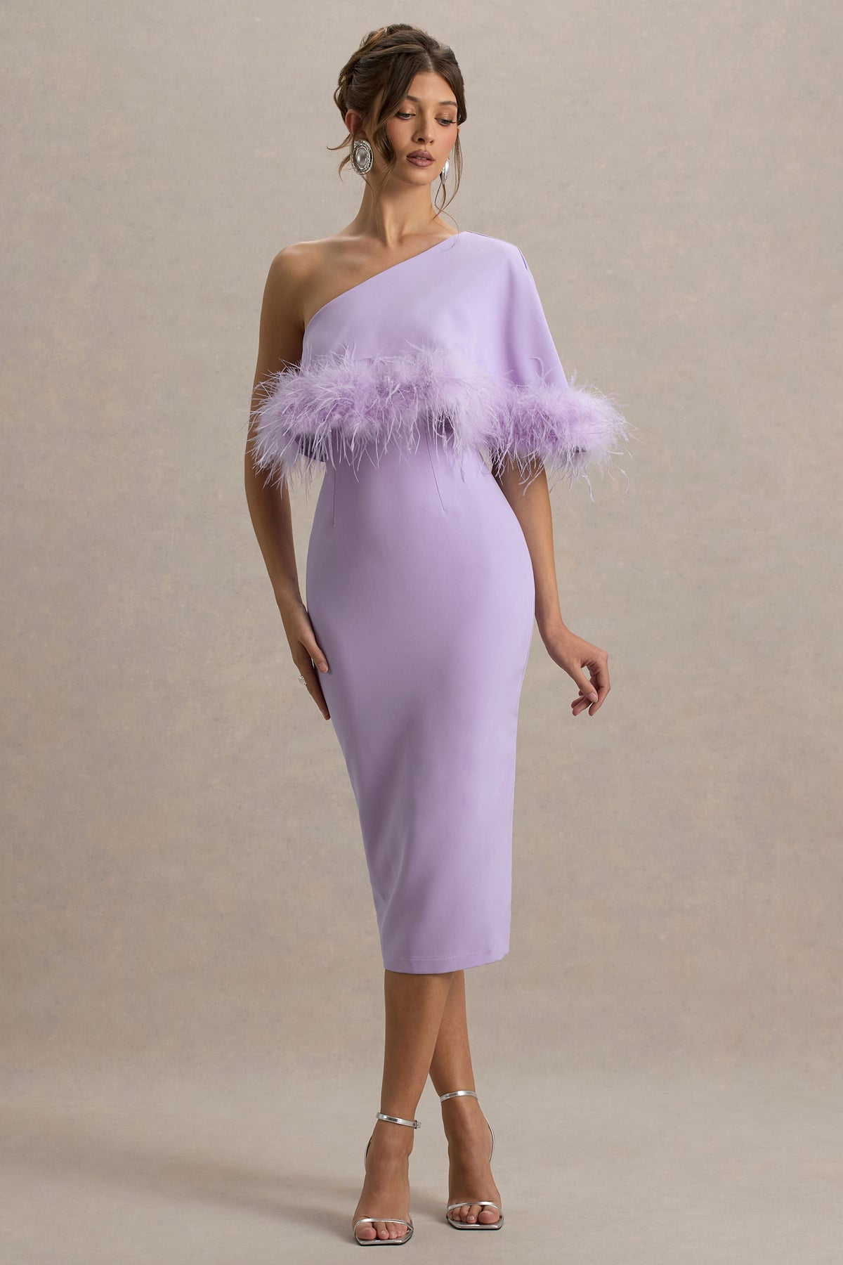 Victory | Lilac One Shoulder Midi Dress With Feather Trim - UK 6 PASTEL Lilac Victory | Lilac One Shoulder Midi Dress With Feather Trim - UK 6 PASTEL Lilac