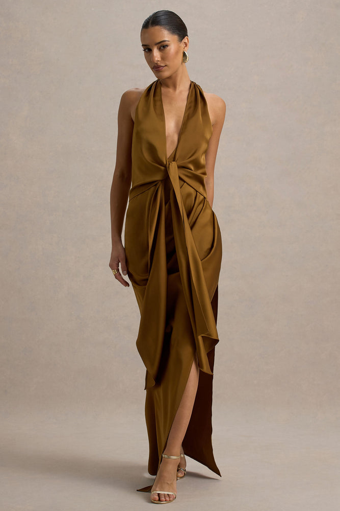 Lynette Olive Satin Plunge-Neck Maxi Dress With Asymmetric Hem – Club L  London