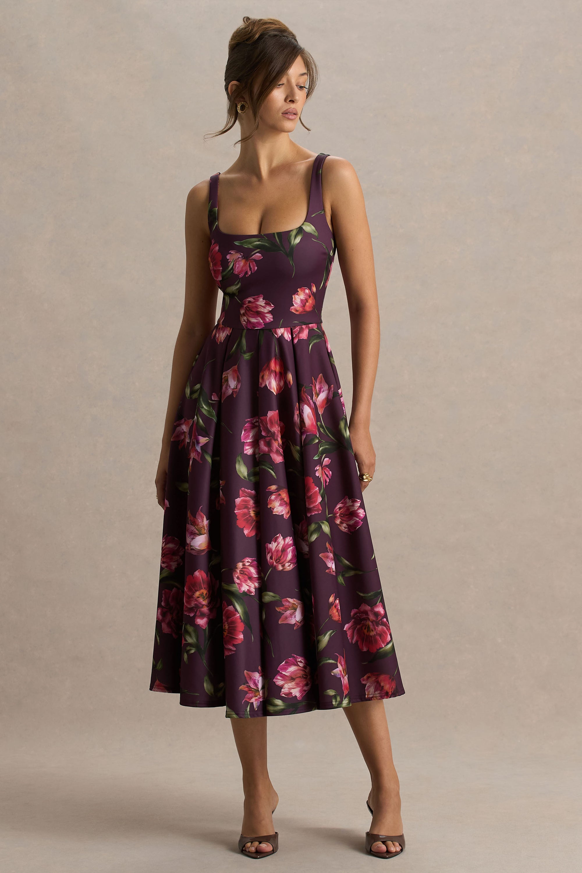 burgundy floral dress Joyfolie Women's Beri in Floral, Extra Small evening soirees Burgundy Floral Velvet Midi Dress