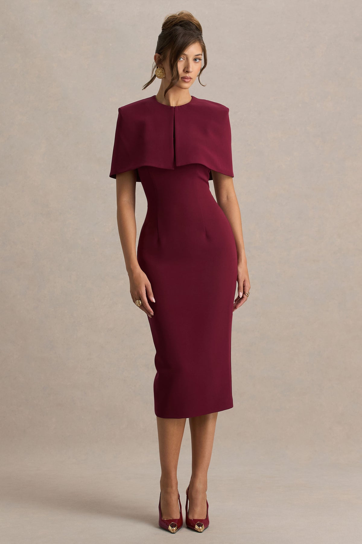 Baylor | Burgundy Midi-Dress With Removable Cape - UK 8 BERRY Baylor | Burgundy Midi-Dress With Removable Cape - UK 8 BERRY