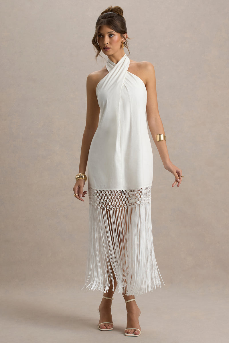 Cutout Fringe Trim Linen Maxi Dress